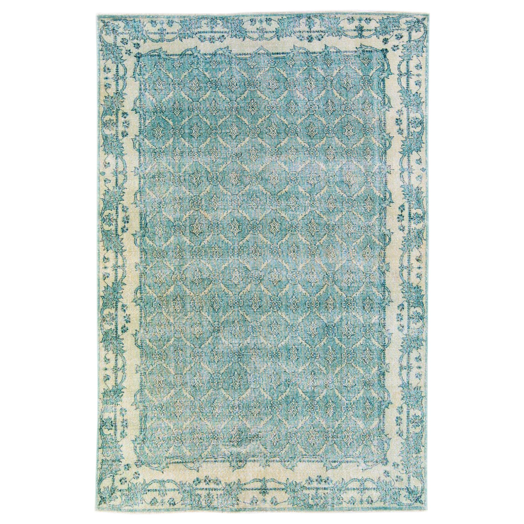 Vintage Turkish Deco Handmade Floral Pattern Teal Wool Rug