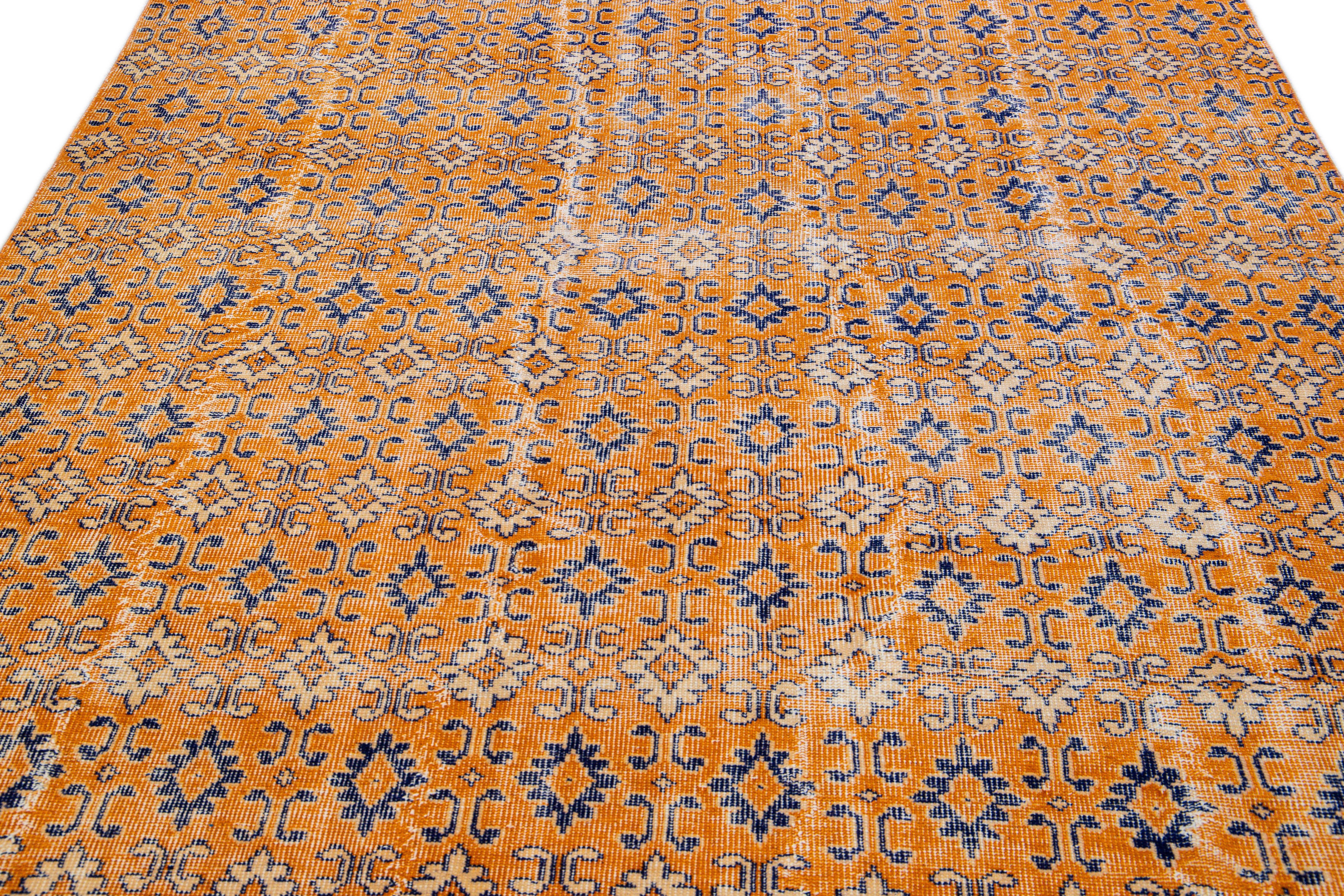 Mid-Century Modern Vintage Turkish Deco Handmade Geometric Floral Pattern Orange Wool Rug For Sale