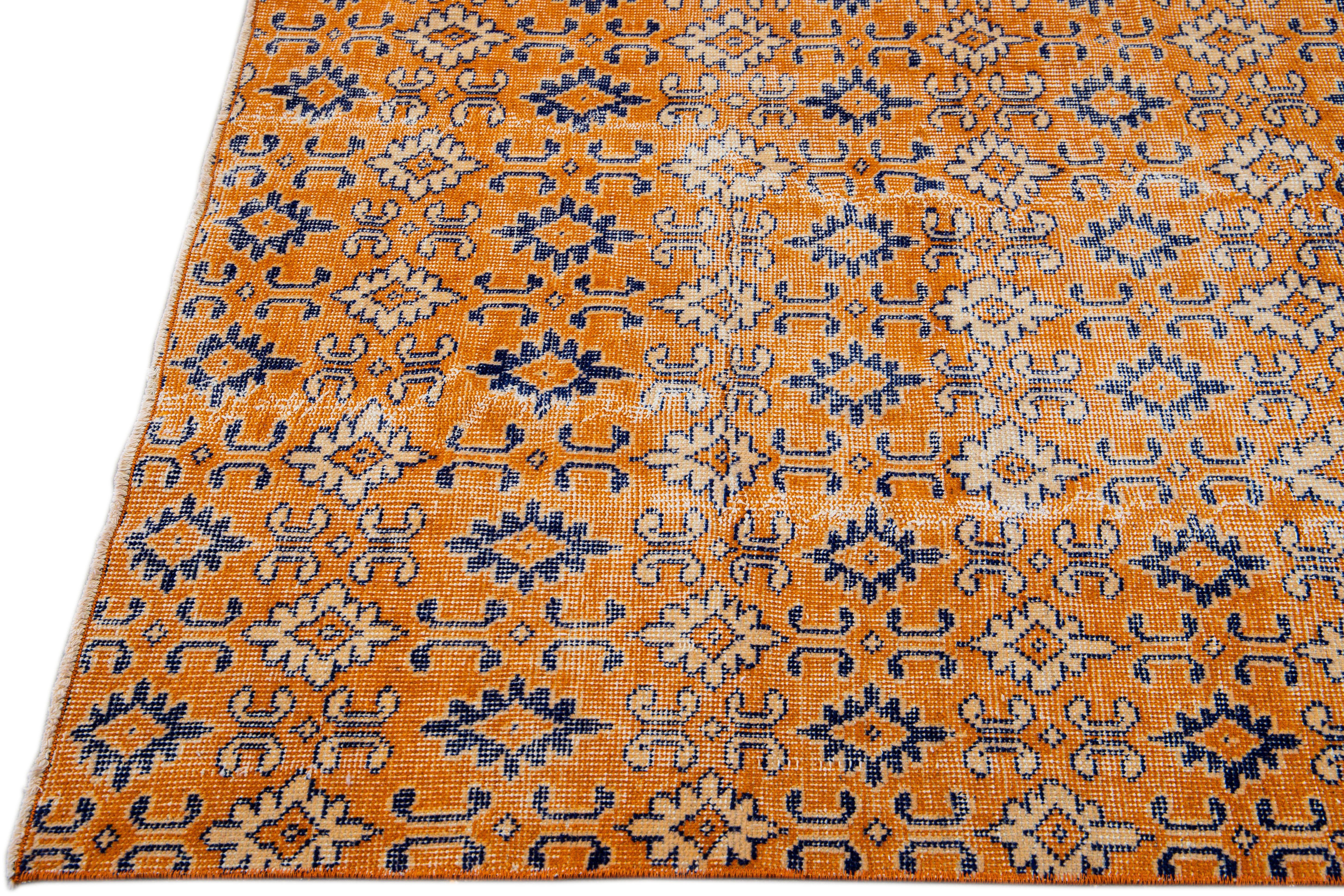 Asian Vintage Turkish Deco Handmade Geometric Floral Pattern Orange Wool Rug For Sale