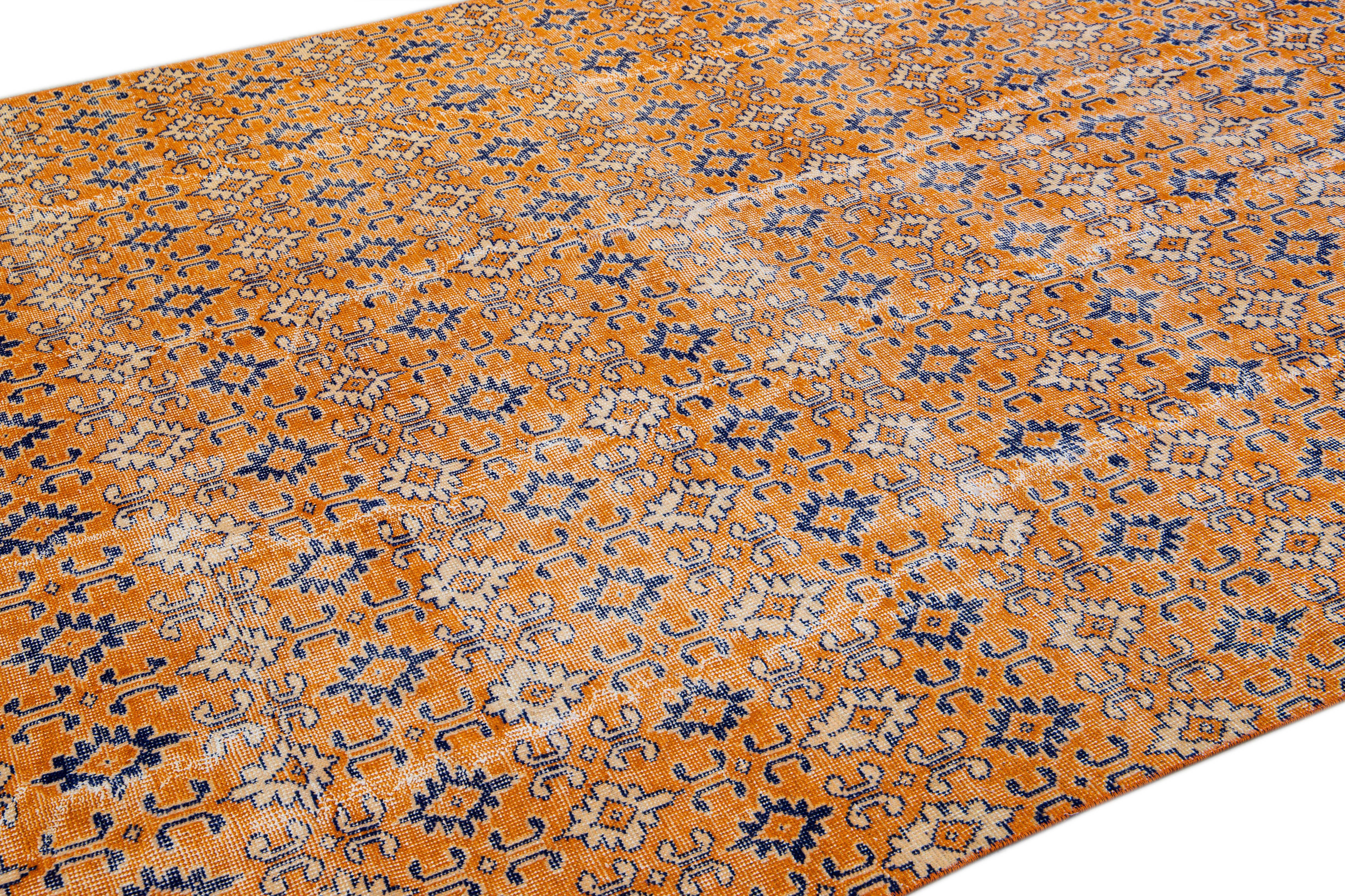 Hand-Knotted Vintage Turkish Deco Handmade Geometric Floral Pattern Orange Wool Rug For Sale