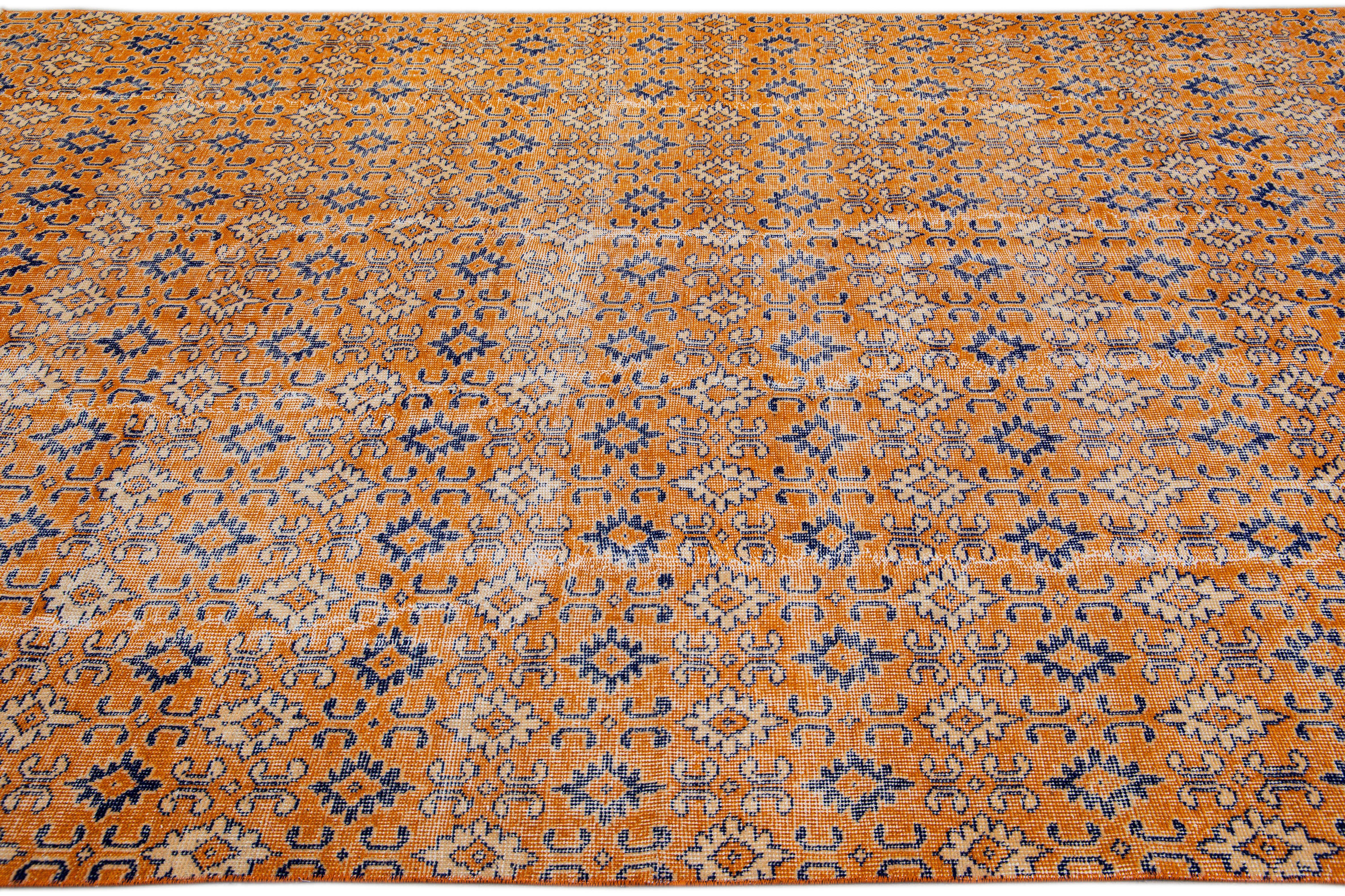 Vintage Turkish Deco Handmade Geometric Floral Pattern Orange Wool Rug In Distressed Condition For Sale In Norwalk, CT