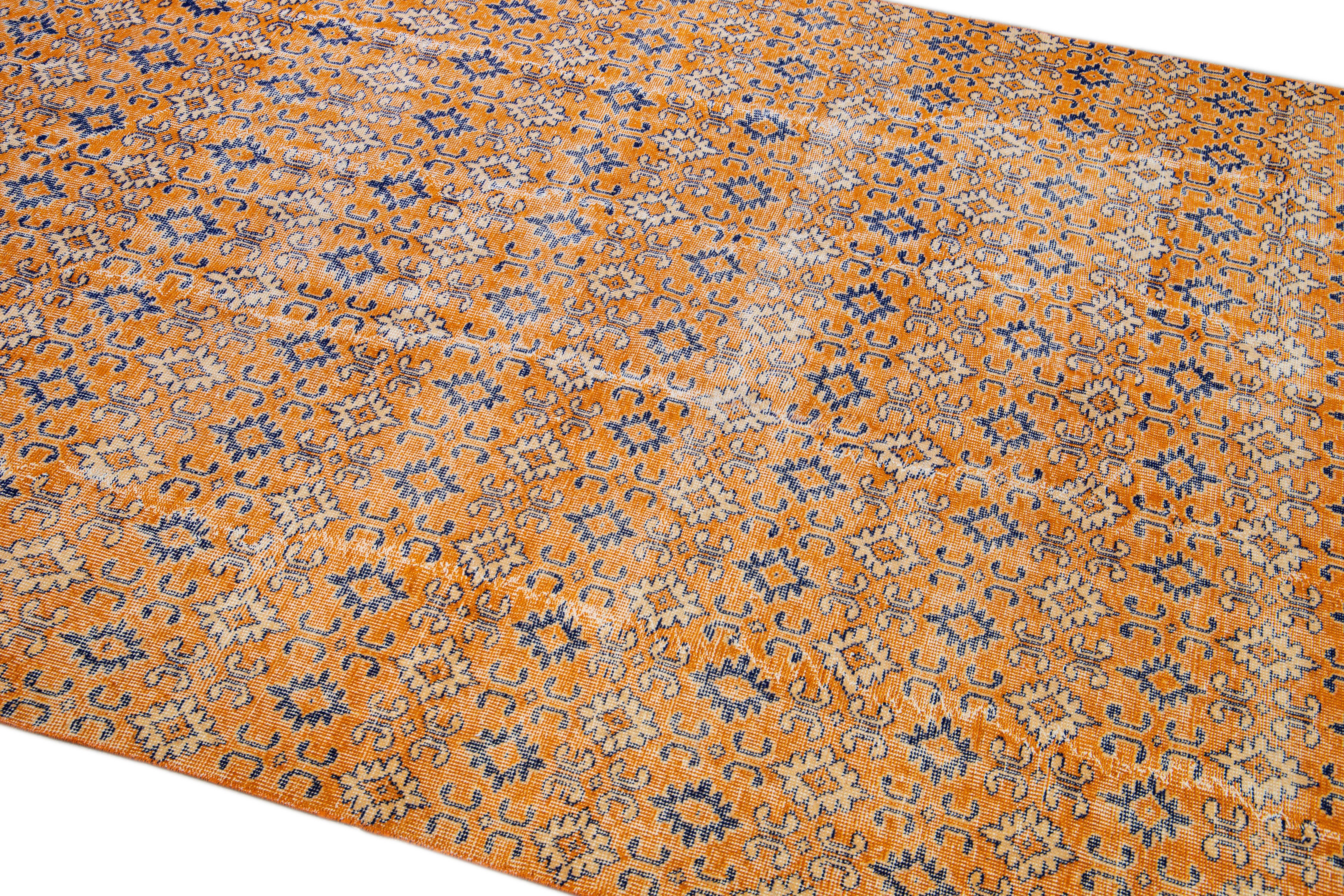 20th Century Vintage Turkish Deco Handmade Geometric Floral Pattern Orange Wool Rug For Sale