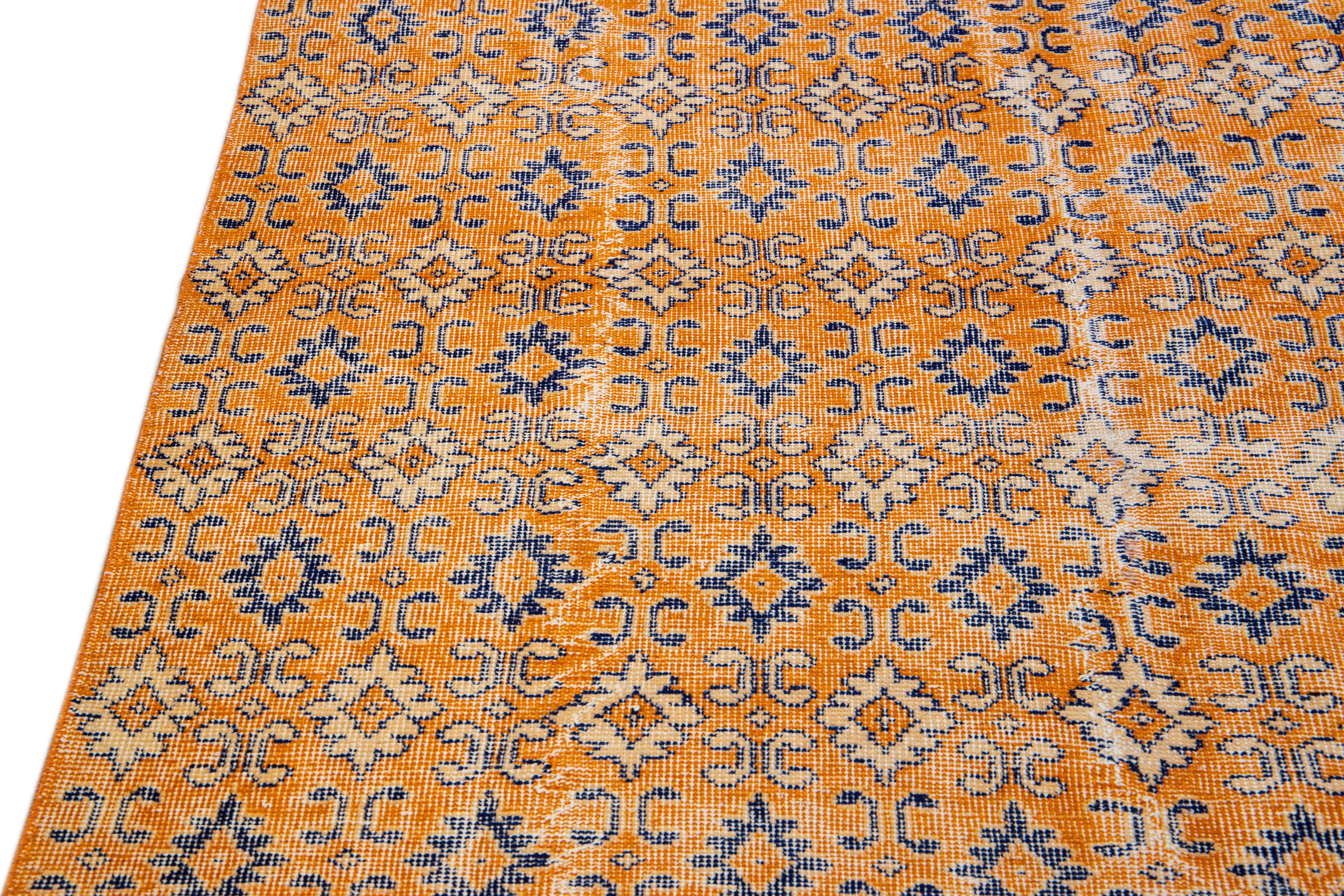 Vintage Turkish Deco Handmade Geometric Floral Pattern Orange Wool Rug For Sale 1