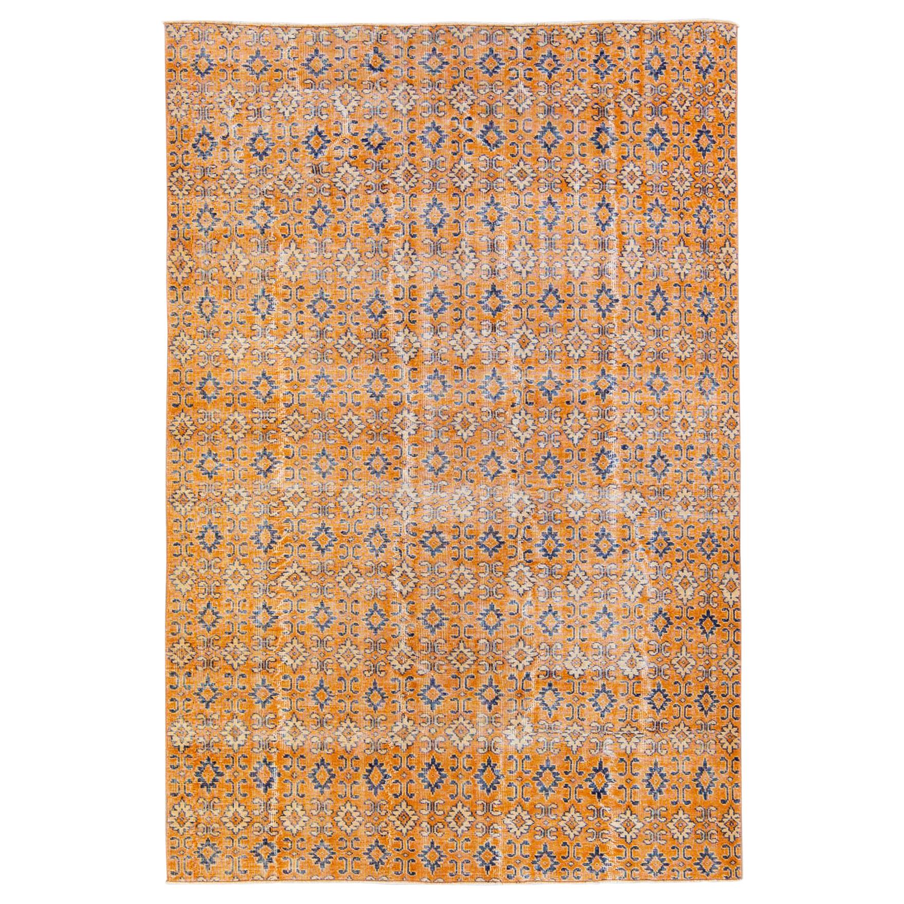 Vintage Turkish Deco Handmade Geometric Floral Pattern Orange Wool Rug For Sale