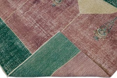 Vintage Turkish Deco Handmade Geometric Motif Burgundy and Green Wool Rug