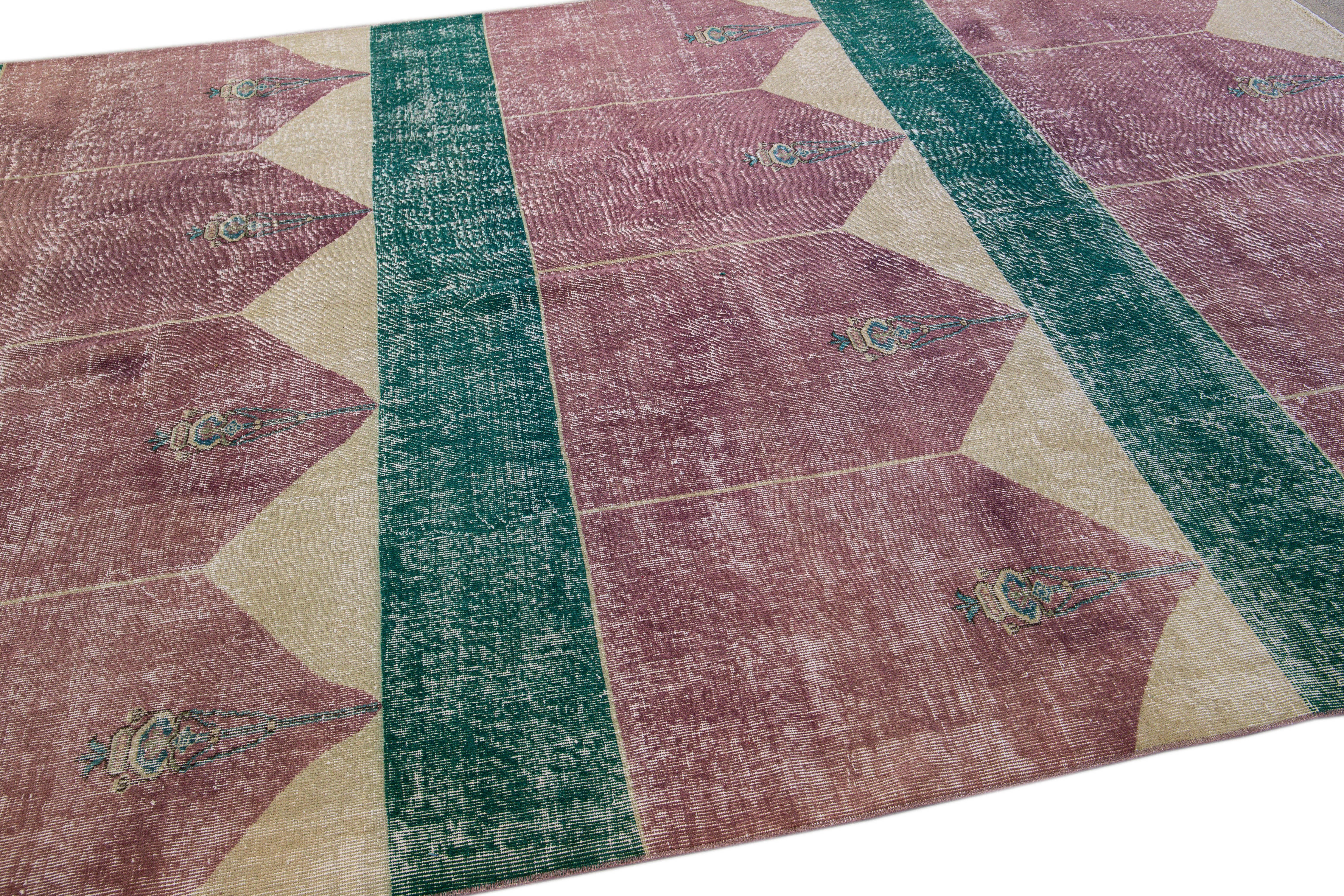 Hand-Knotted Vintage Turkish Deco Handmade Geometric Motif Burgundy and Green Wool Rug For Sale