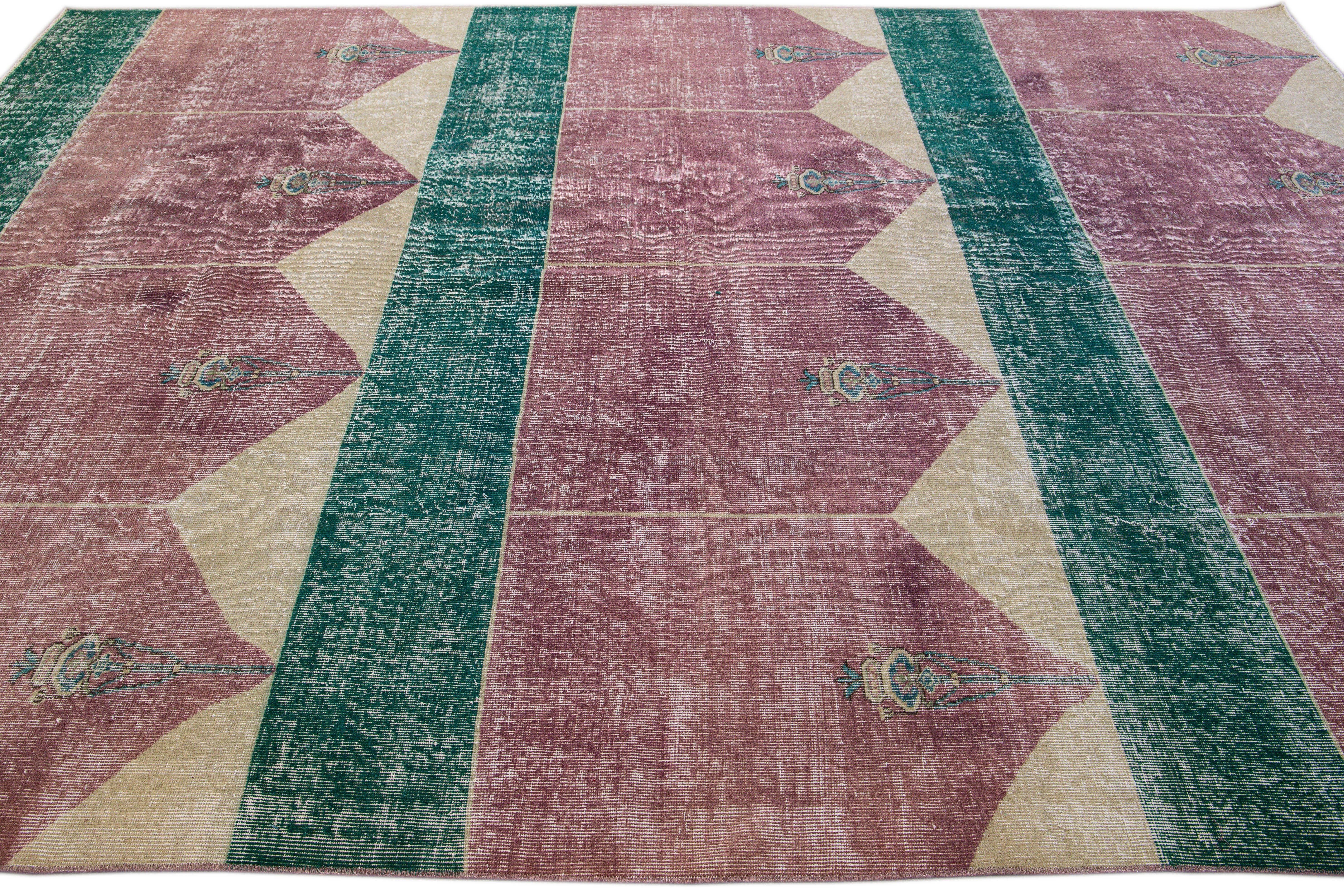 Vintage Turkish Deco Handmade Geometric Motif Burgundy and Green Wool Rug In Distressed Condition For Sale In Norwalk, CT