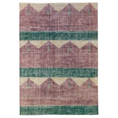 Türkischer Deko-Teppich mit geometrischem Motiv aus burgunderroter und grüner Wolle, handgefertigt