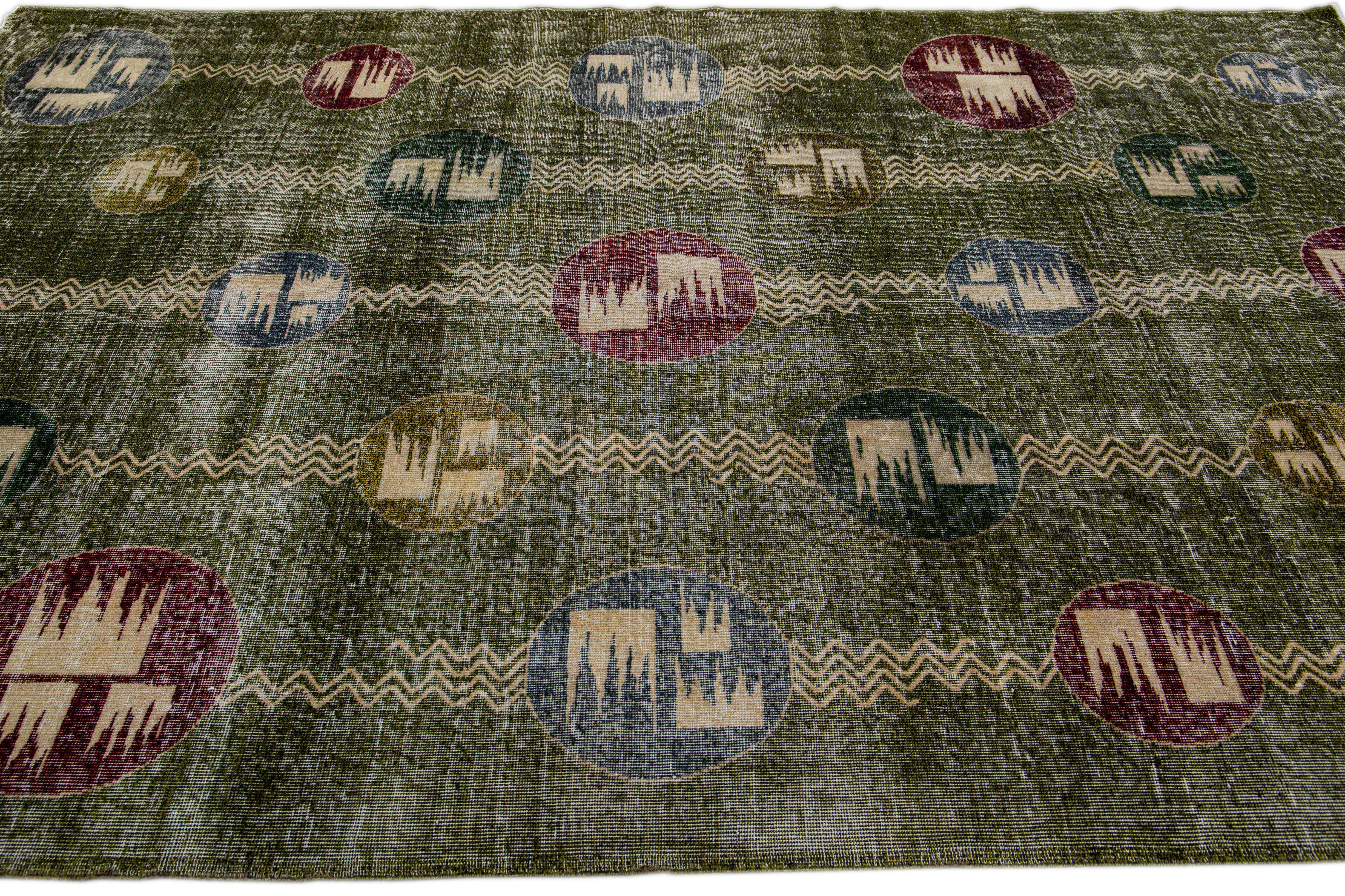 Vintage Turkish Deco Handmade Geometric Pattern Green Wool Rug In Distressed Condition For Sale In Norwalk, CT