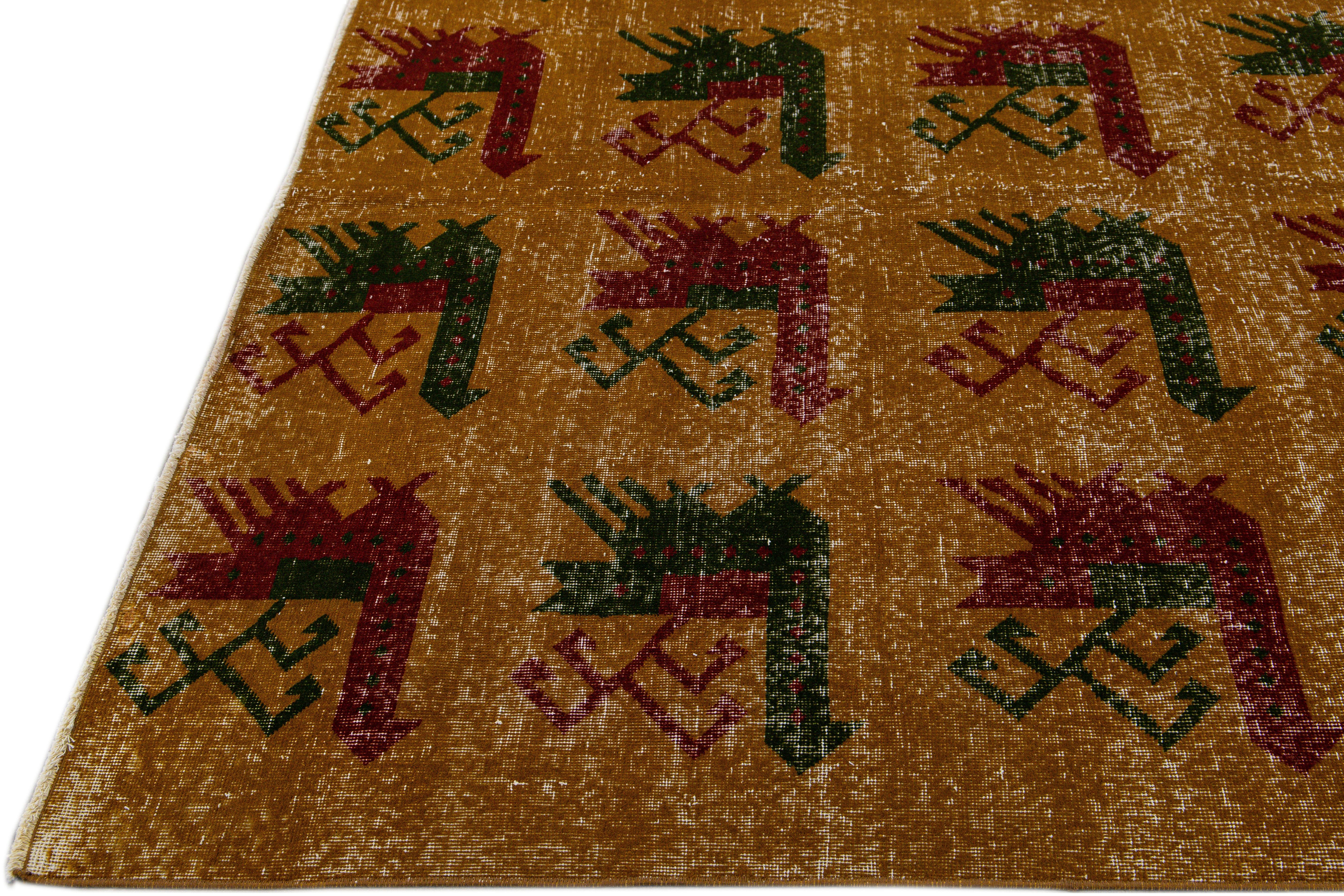 Asian Vintage Turkish Deco Handmade Golden Tan Distressed Wool Rug For Sale