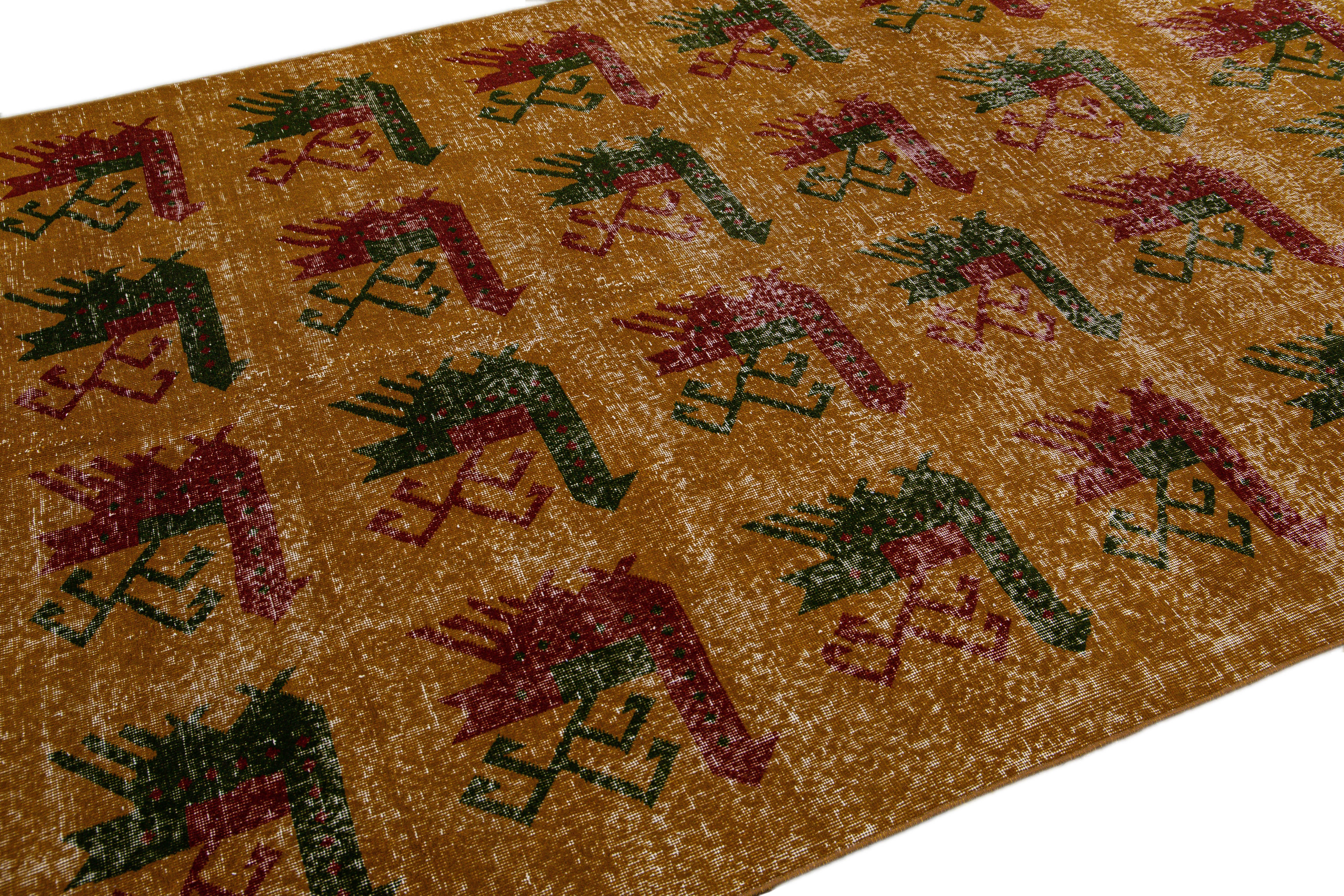 Hand-Knotted Vintage Turkish Deco Handmade Golden Tan Distressed Wool Rug For Sale