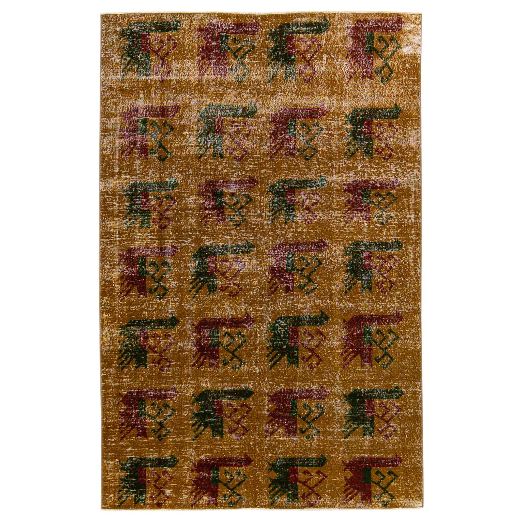 Vintage Turkish Deco Handmade Golden Tan Distressed Wool Rug For Sale