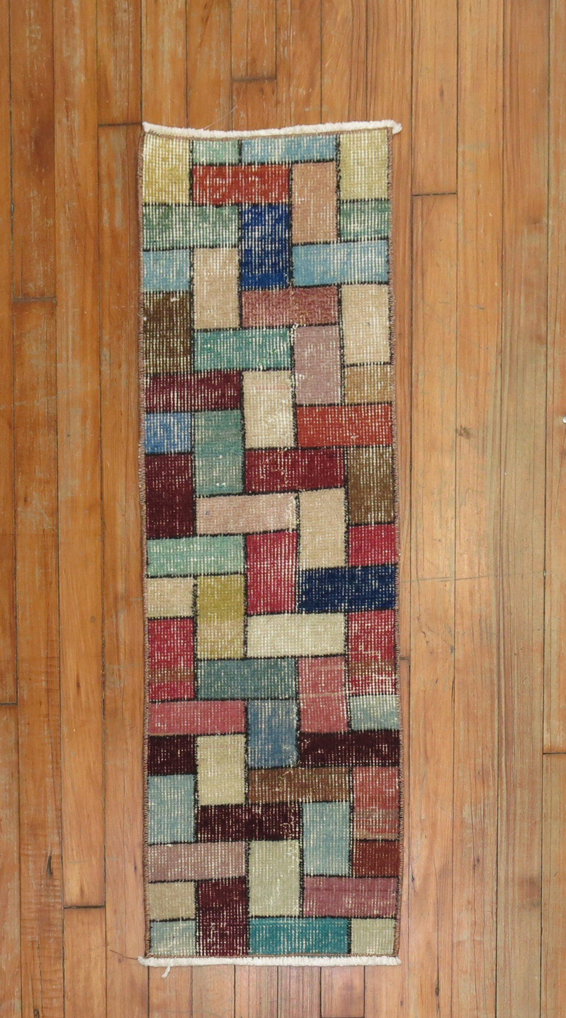 Hand-Woven Vintage Turkish Deco Narrow Small Runner For Sale