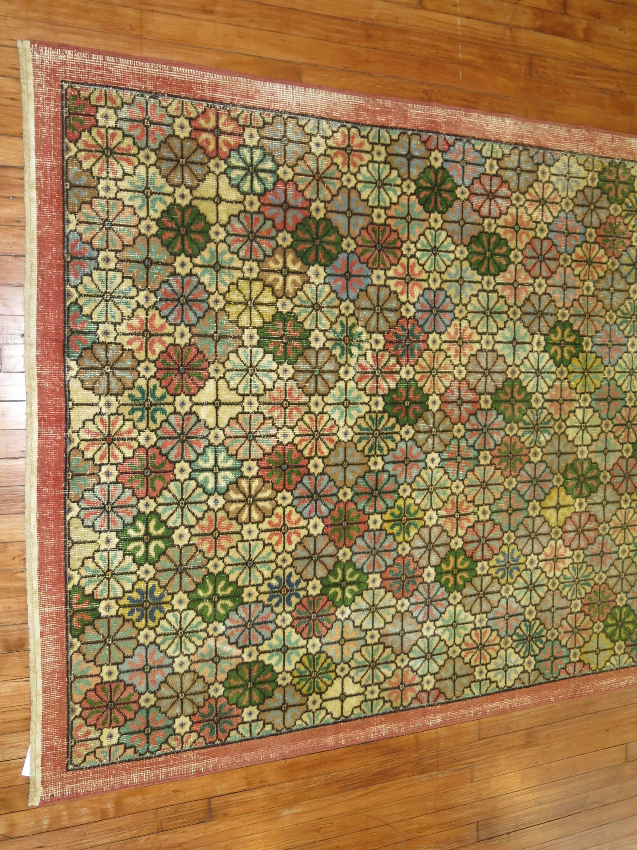 Hand-Knotted Feminine Vintage Turkish Deco Rug For Sale