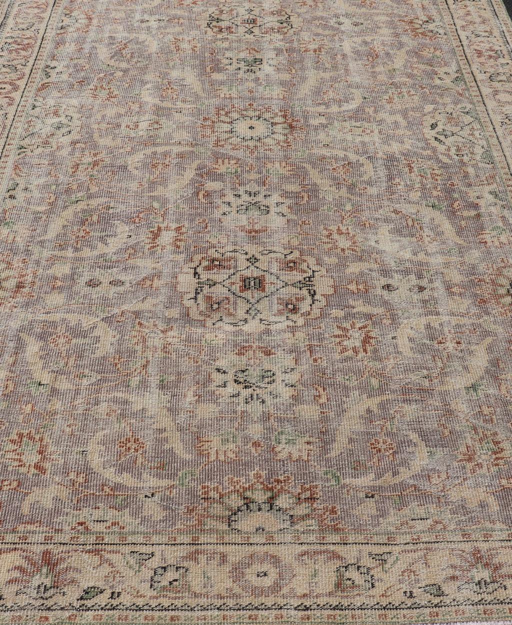 Vintage Turkish Distressed Oushak Rug with All-Over Floral Design in Lilac Color For Sale 4