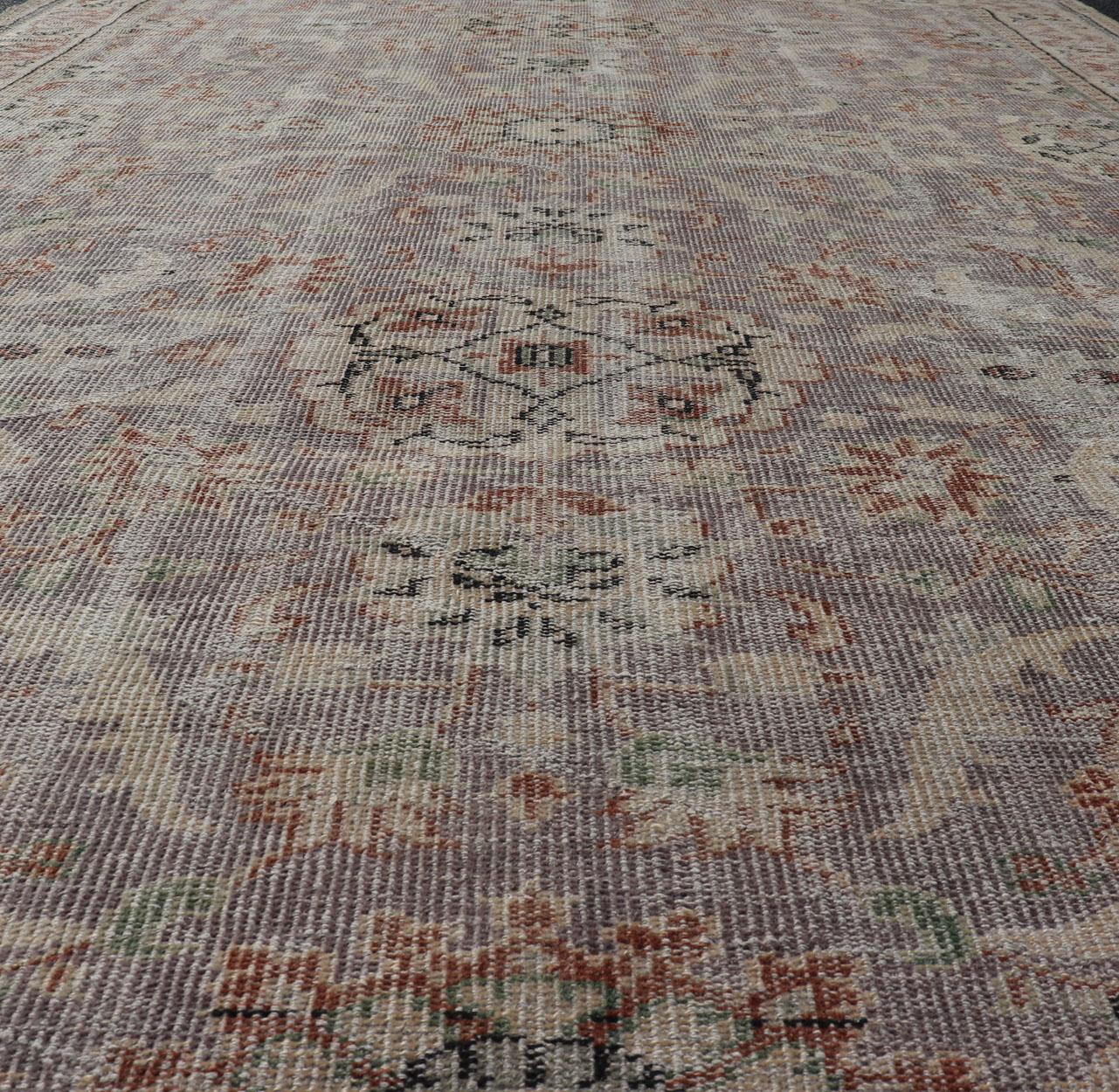 Vintage Turkish Distressed Oushak Rug with All-Over Floral Design in Lilac Color For Sale 5