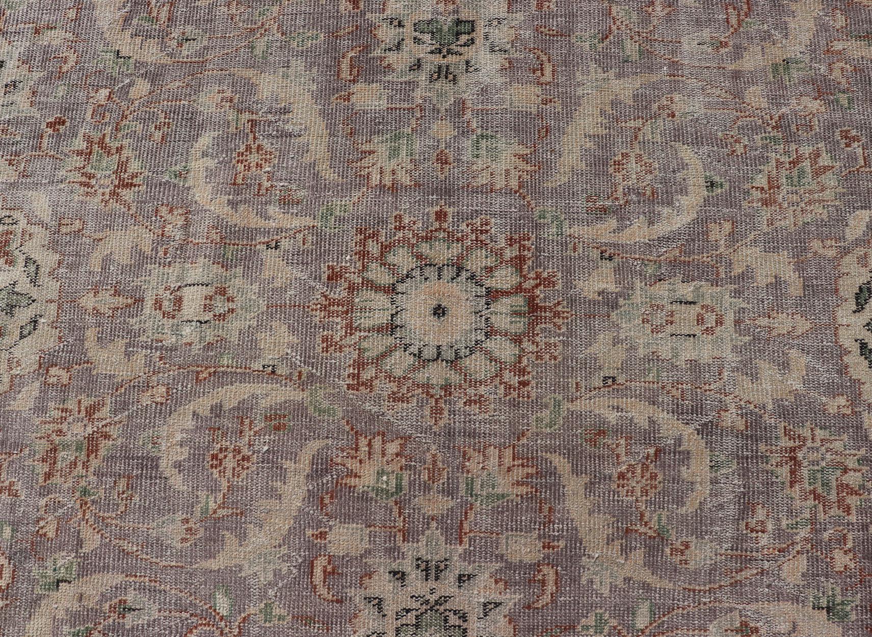 Vintage Turkish Distressed Oushak Rug with All-Over Floral Design in Lilac Color For Sale 6