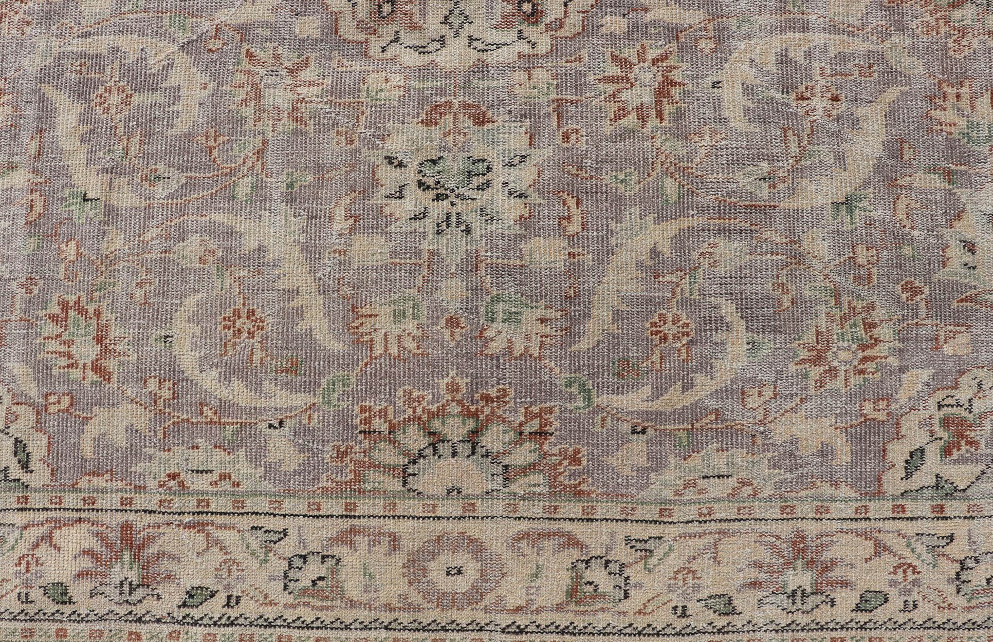 Hand-Knotted Vintage Turkish Distressed Oushak Rug with All-Over Floral Design in Lilac Color For Sale
