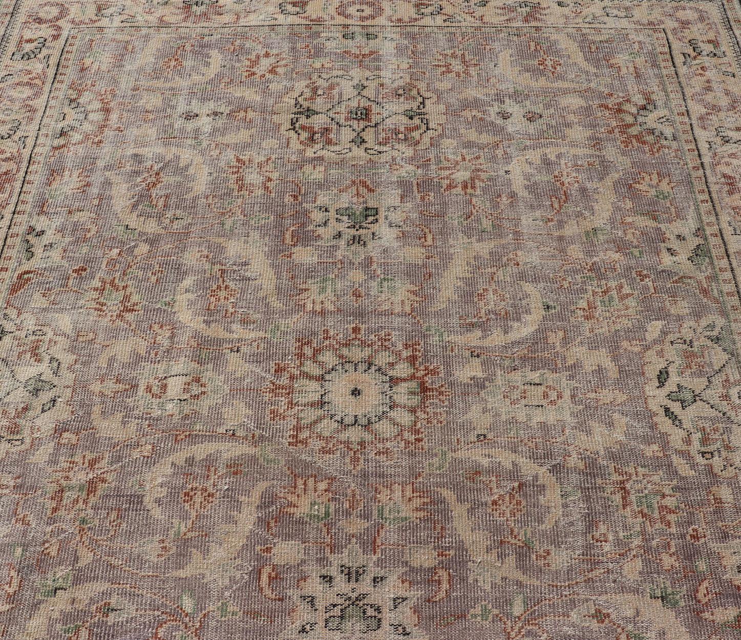 Vintage Turkish Distressed Oushak Rug with All-Over Floral Design in Lilac Color In Fair Condition For Sale In Atlanta, GA