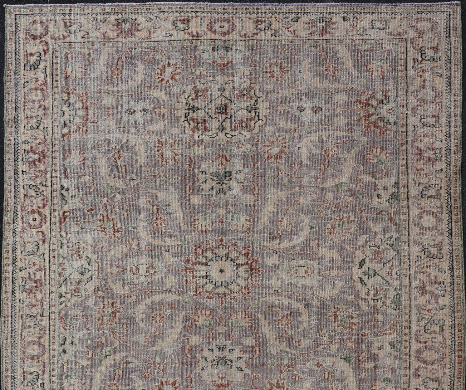 Vintage Turkish Distressed Oushak Rug with All-Over Floral Design in Lilac Color For Sale 1