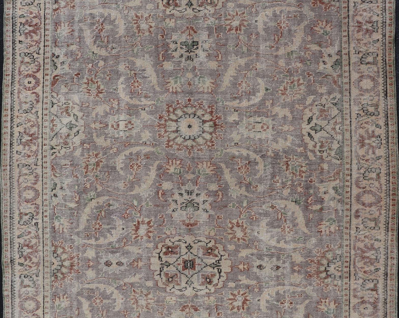 Vintage Turkish Distressed Oushak Rug with All-Over Floral Design in Lilac Color For Sale 2