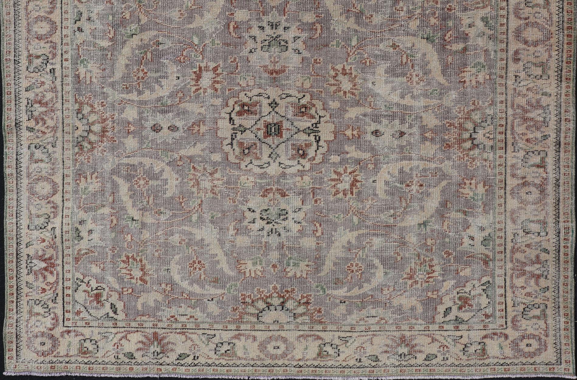 Vintage Turkish Distressed Oushak Rug with All-Over Floral Design in Lilac Color For Sale 3