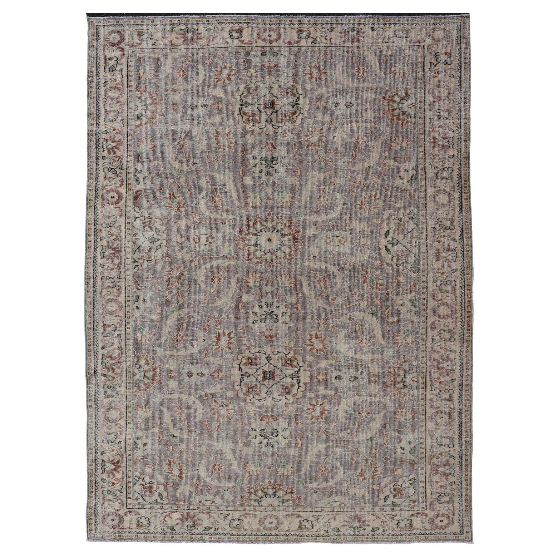 Vintage Turkish Distressed Oushak Rug with All-Over Floral Design in Lilac Color For Sale