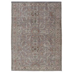 Vintage Turkish Distressed Oushak Rug with All-Over Floral Design in Lilac Color