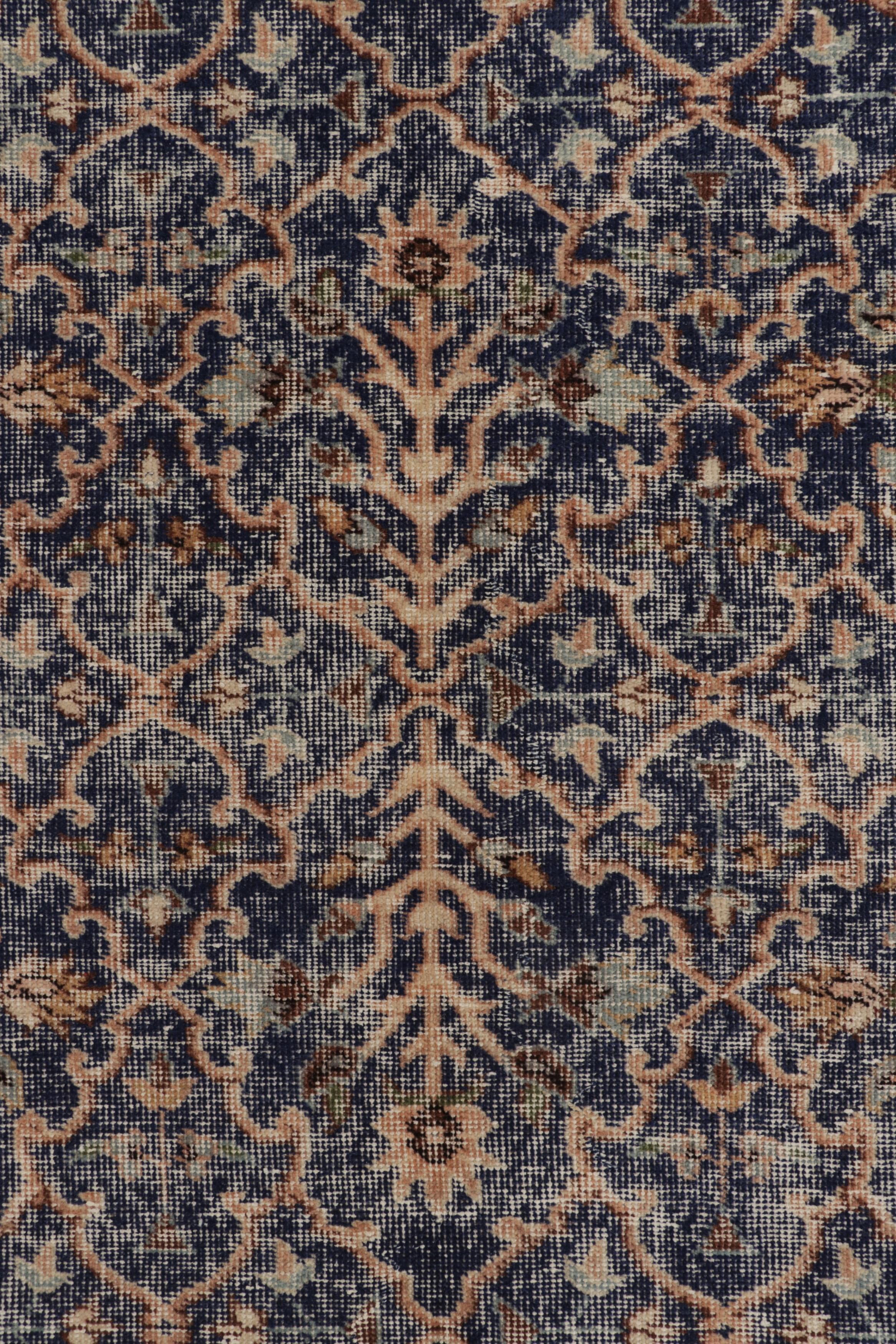 Hand-Knotted Vintage Turkish Distressed Rug in Brown and Blue Floral Patterns  - Rug & Kilim For Sale