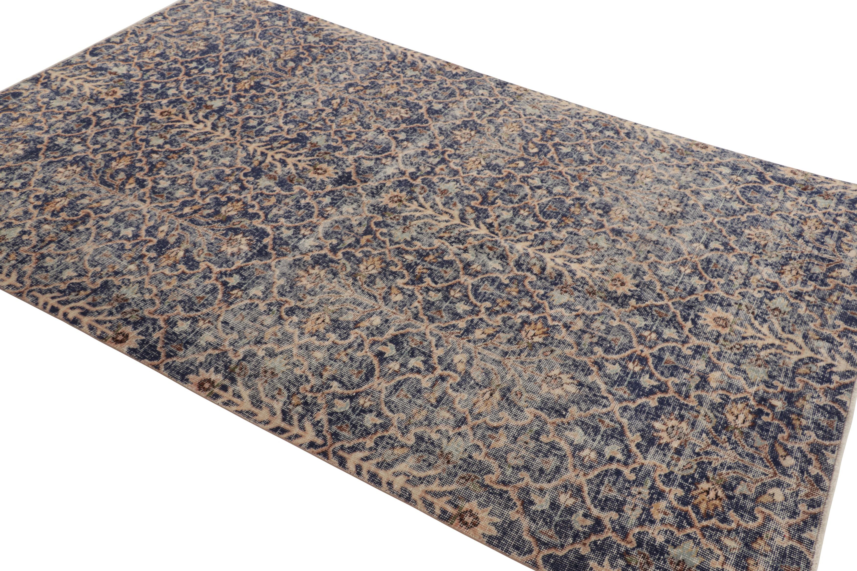 Vintage Turkish Distressed Rug in Brown and Blue Floral Patterns  - Rug & Kilim In Good Condition For Sale In Long Island City, NY
