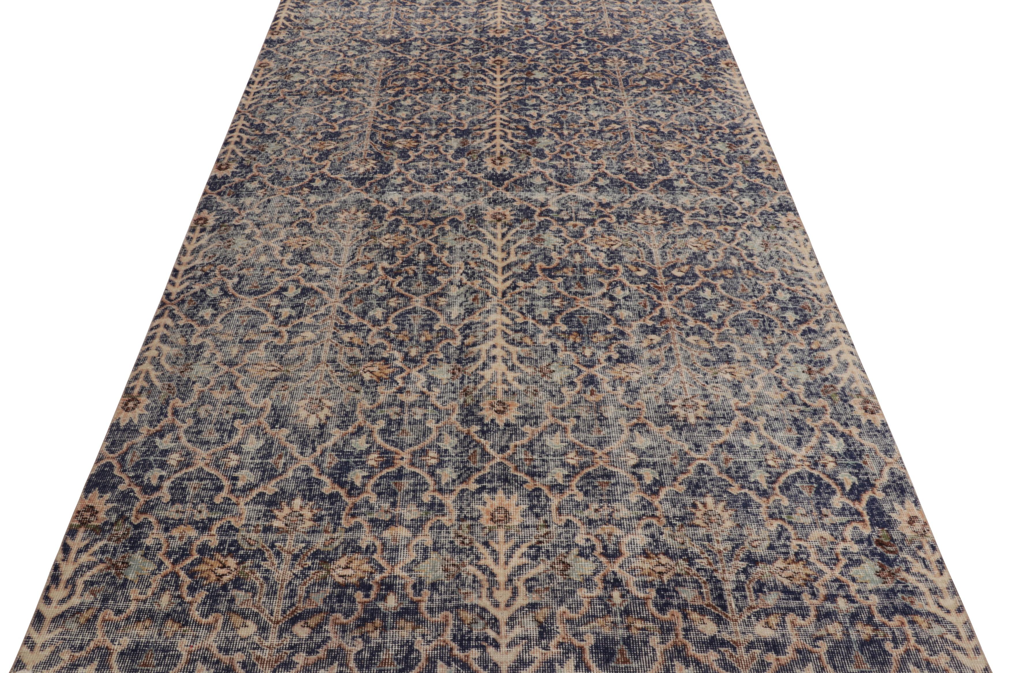 Mid-20th Century Vintage Turkish Distressed Rug in Brown and Blue Floral Patterns  - Rug & Kilim For Sale