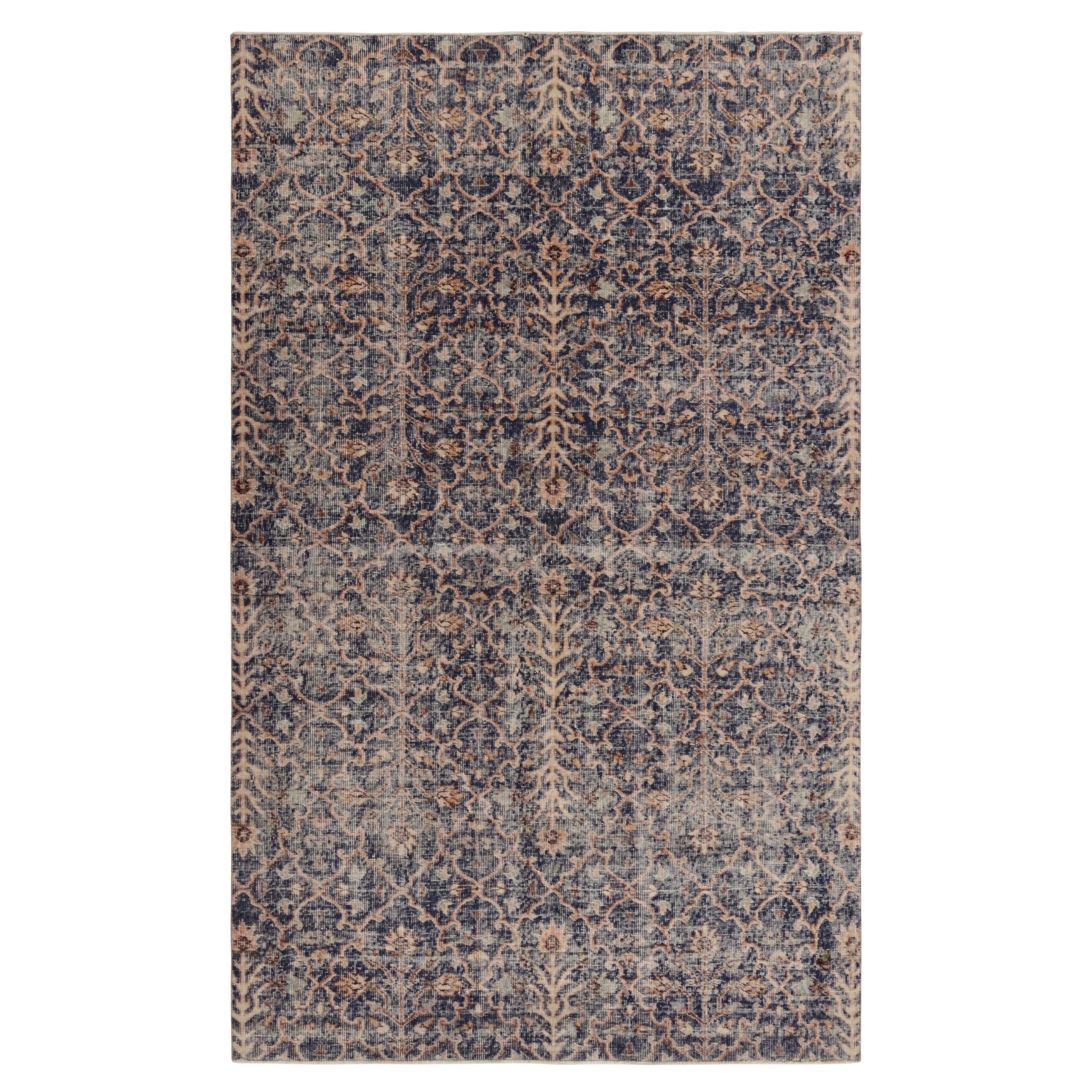 Vintage Turkish Distressed Rug in Brown and Blue Floral Patterns  - Rug & Kilim