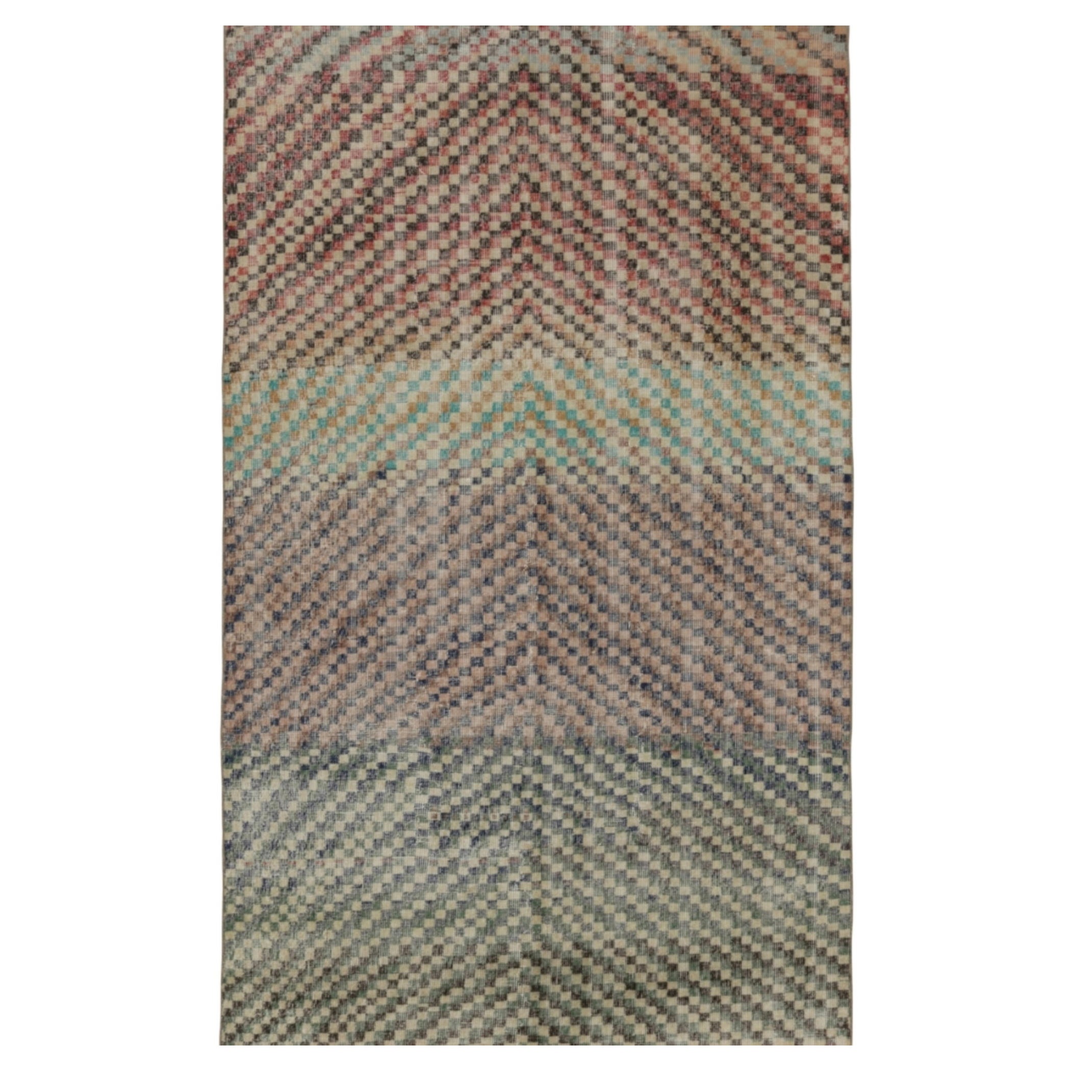 Vintage Turkish Distressed Rug, Lebendige Polychrome Geometrische Muster-Rug
Kilim