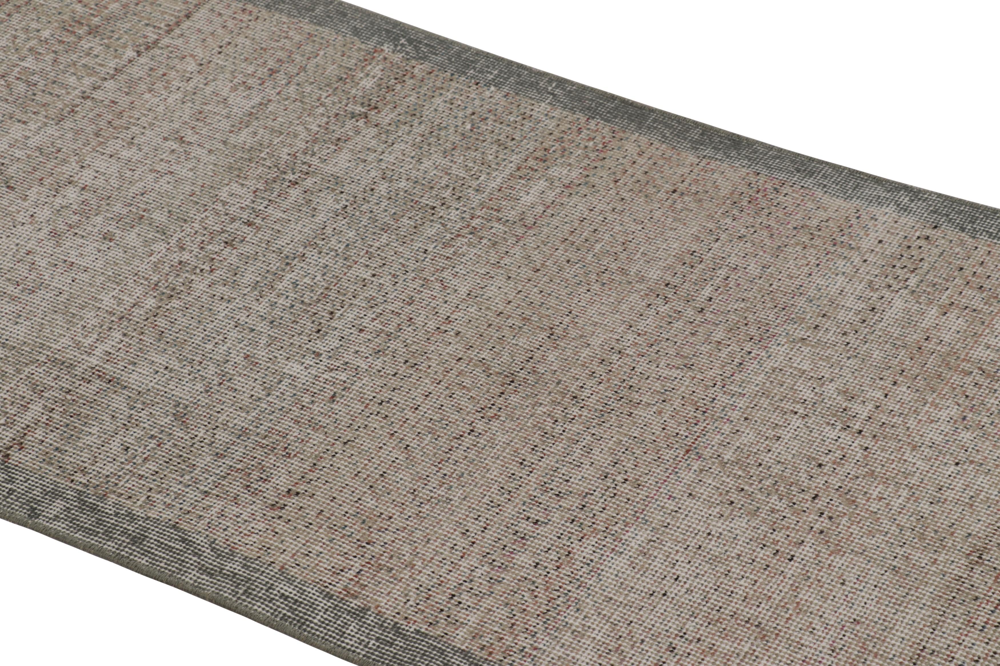 Hand-knotted in wool and originating from Turkey circa 1950 – 1960, this 2x6 vintage Turkish runner rug is a unique addition to the Rug & Kilim Collection for its colors and striae across the solid field.
 
On The Design:

Admirers of the craft will