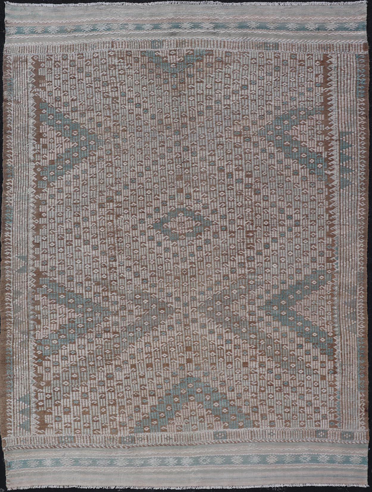 Vintage Turkish Embroidered Flat-Weave Rug with Geometric Design