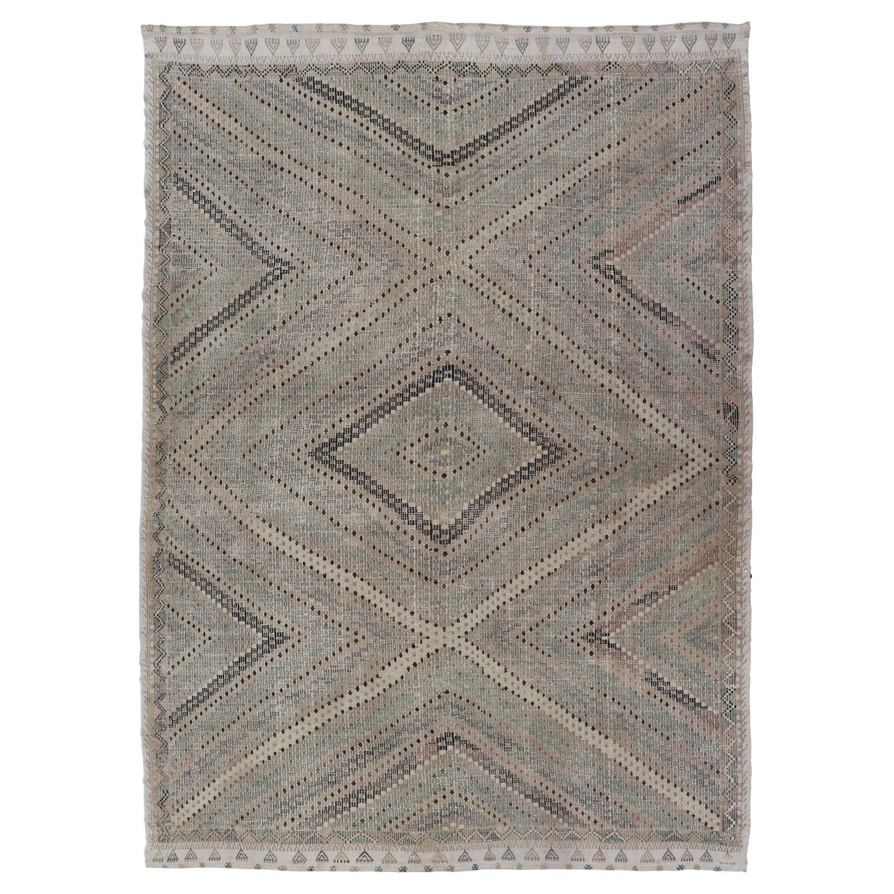 Vintage Turkish Embroidered Flat-Weave Rug with Geometric Design