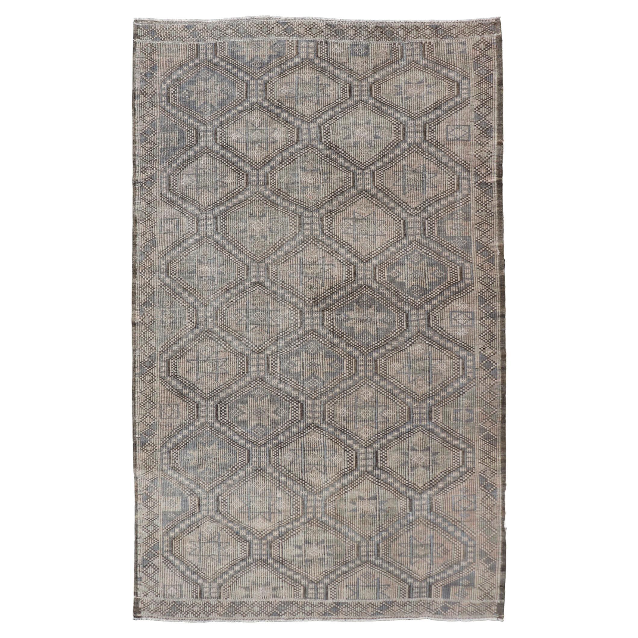 Vintage Turkish Embroidered Flat-Weave Rug with Geometric Diamond Design For Sale