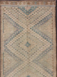 Vintage Turkish Embroidered Flat-Weave Rug with Neutral-Toned Geometric Design