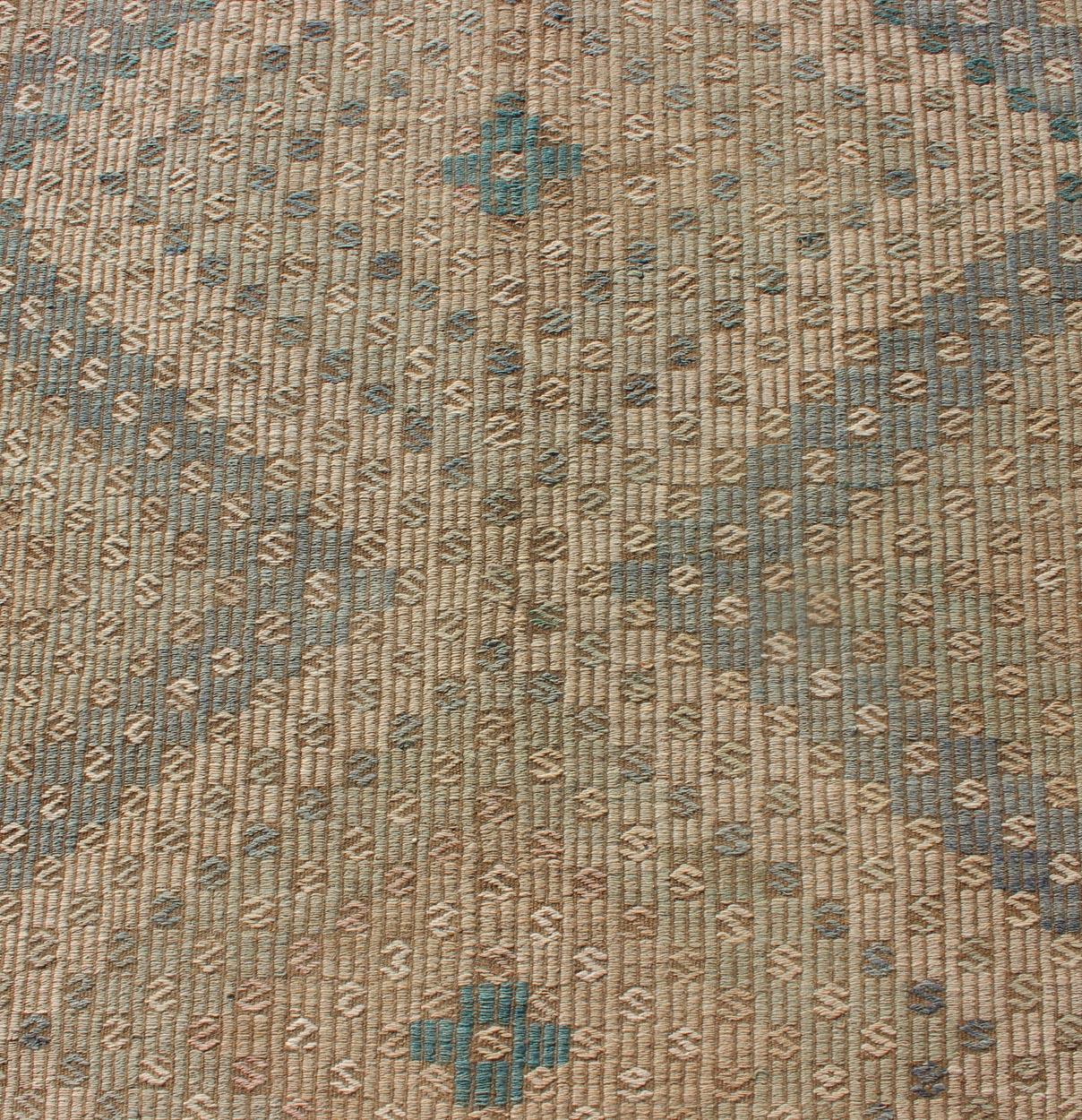 Türkischer bestickter Flachgewebe-Teppich mit neutral getöntem, geometrischem Design, Vintage 1