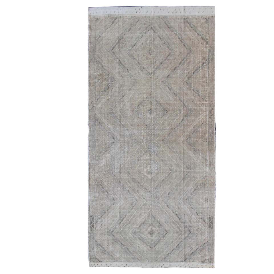Vintage Turkish Embroidered Flat-Weave Rug with Neutral-Toned Geometric ...