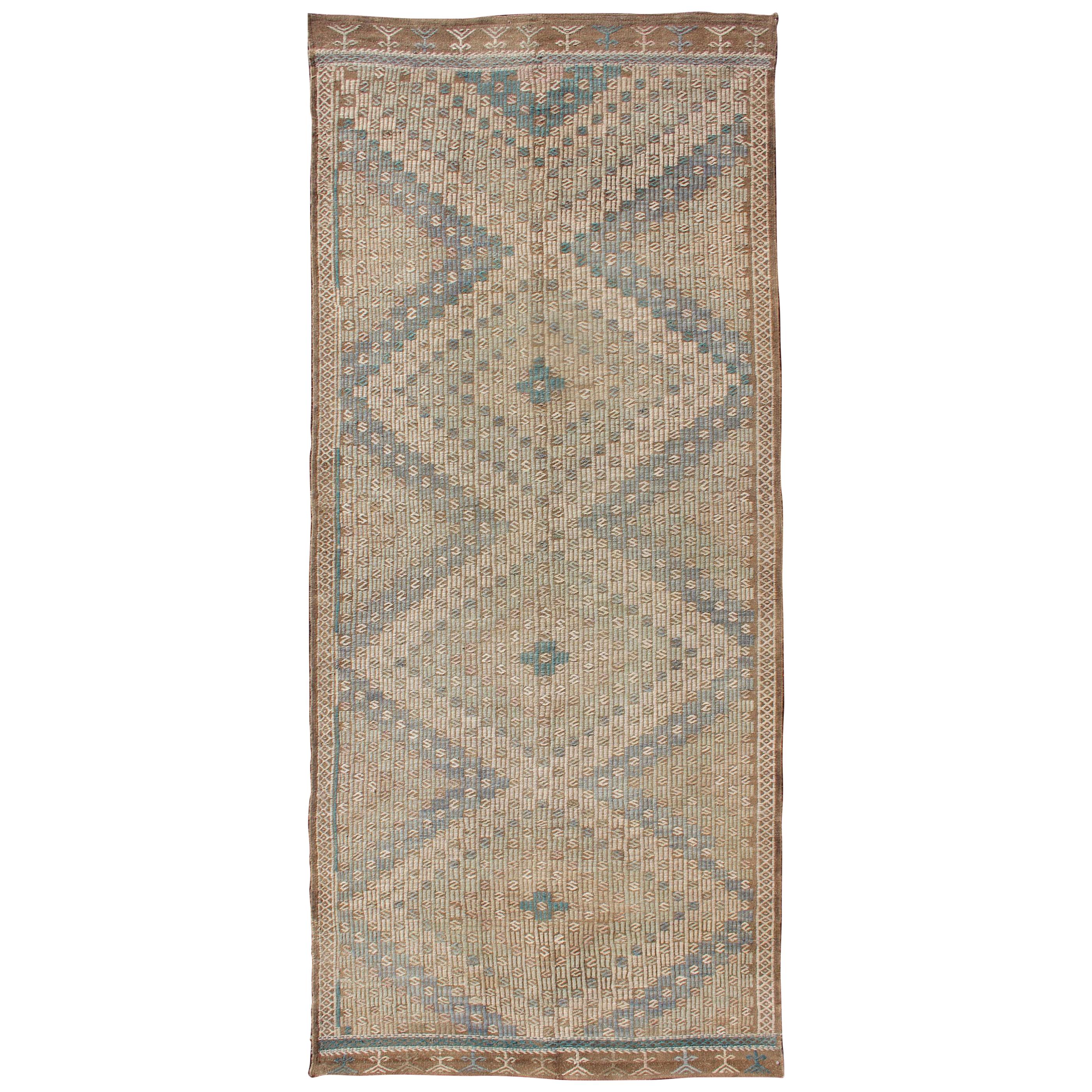 Türkischer bestickter Flachgewebe-Teppich mit neutral getöntem, geometrischem Design, Vintage