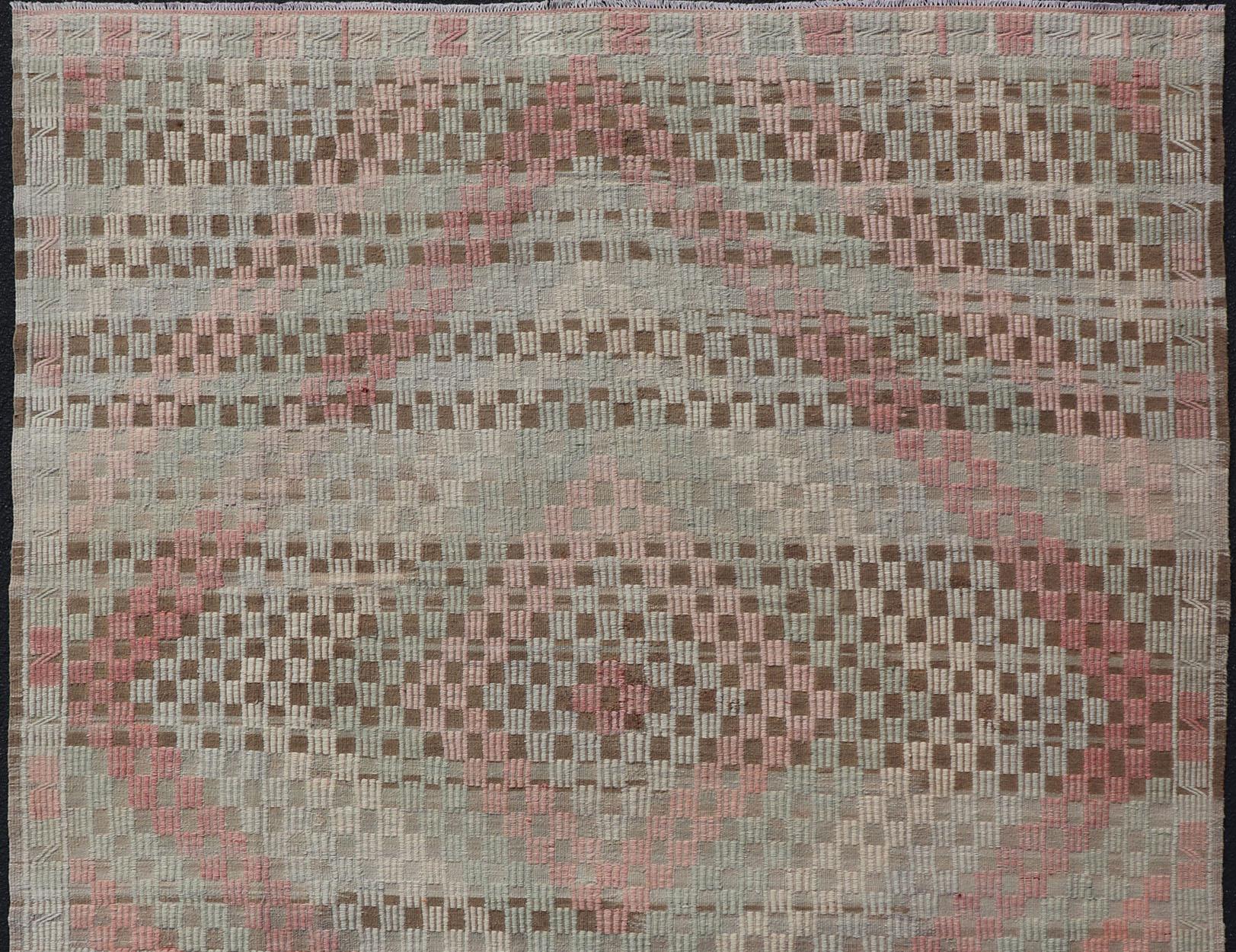Vintage Turkish Embroidered Flat Weave with Soft Colors in Diamond Design For Sale 2