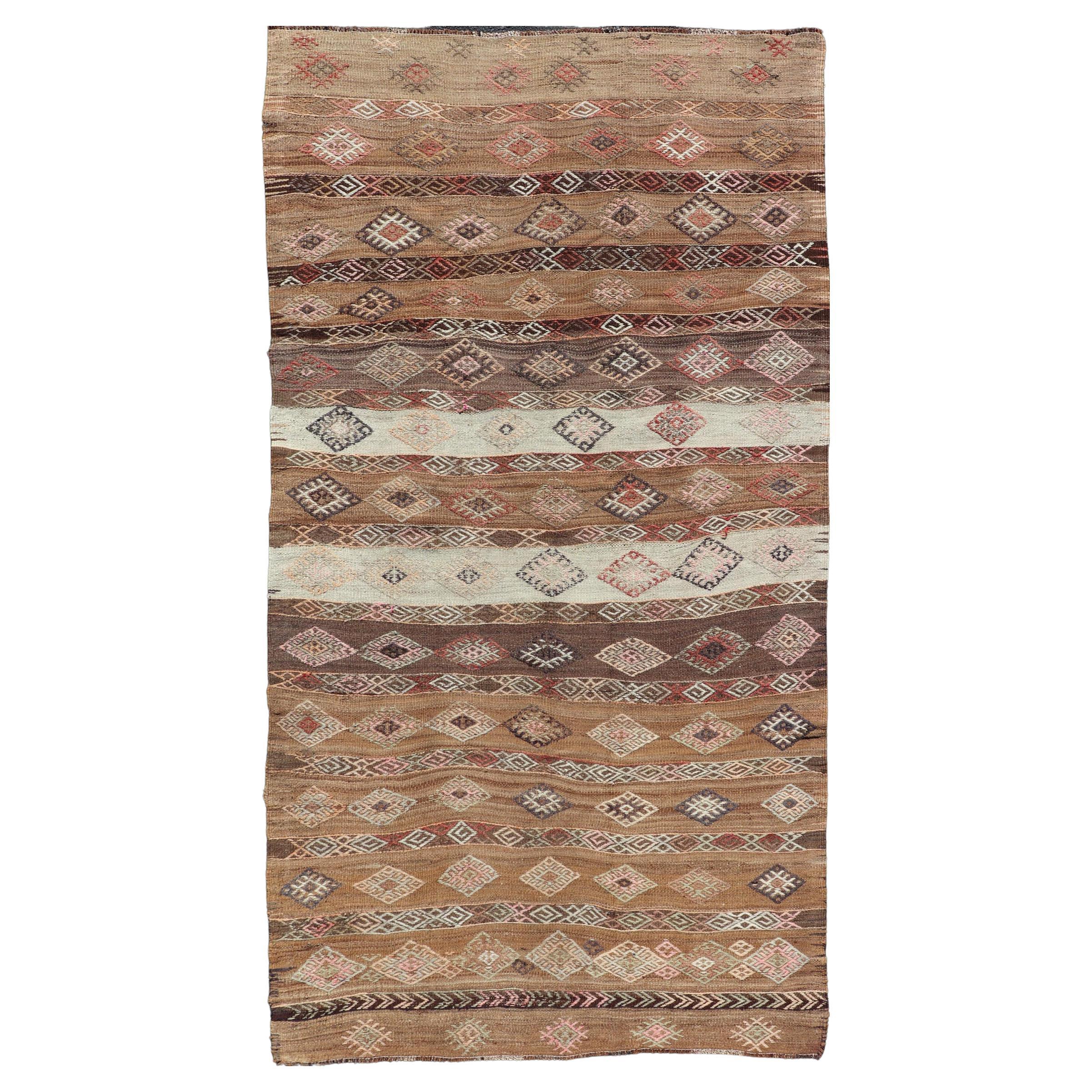 Vintage Turkish Embroidered Flatweave Rug Gallery with Striped Geometric Design