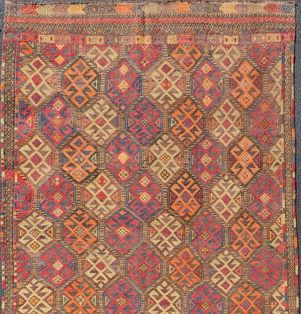 Hand-Woven Vintage Turkish Embroidered Gallery Kilim Runner with All-Over Design For Sale