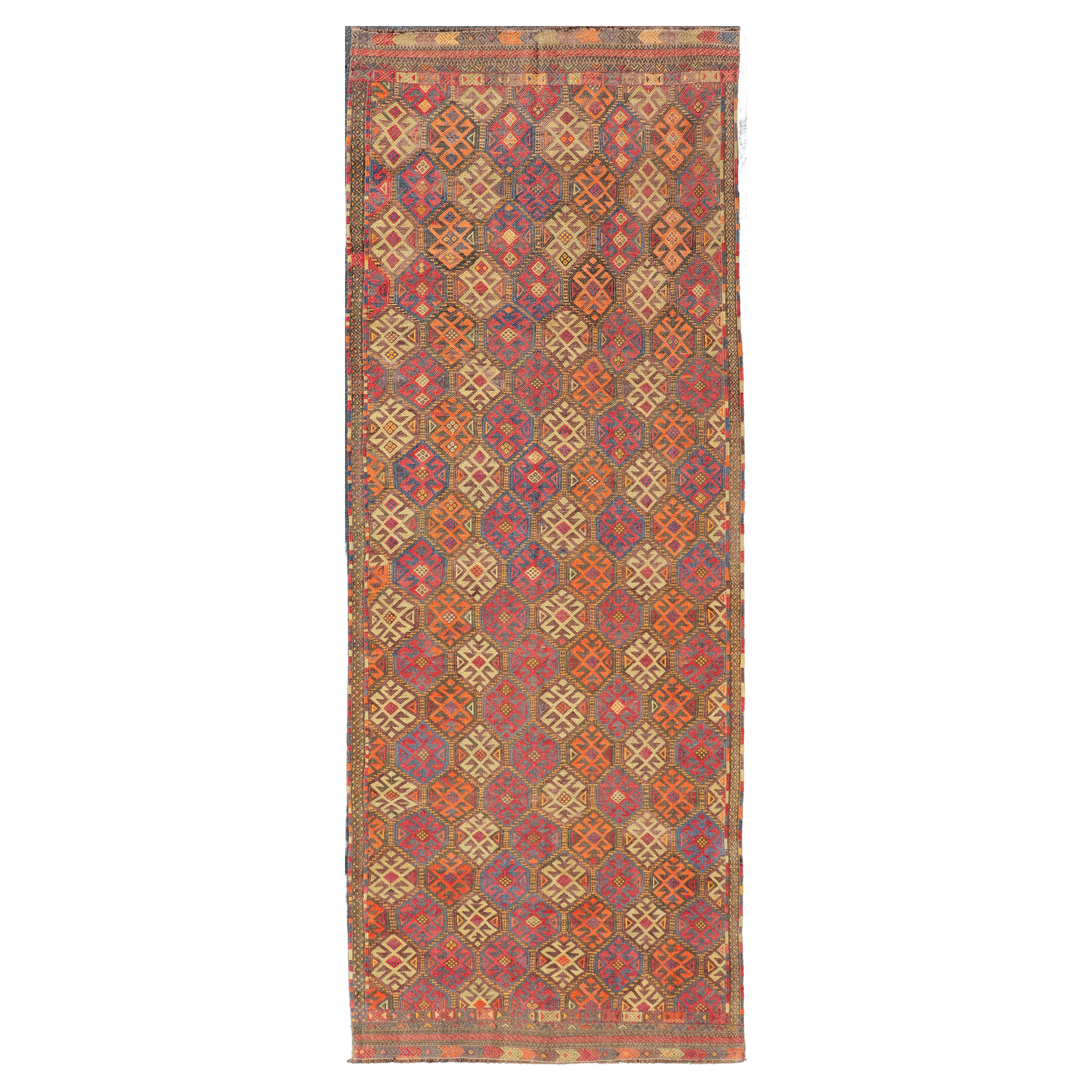 Vintage Turkish Embroidered Gallery Kilim Runner with All-Over Design For Sale