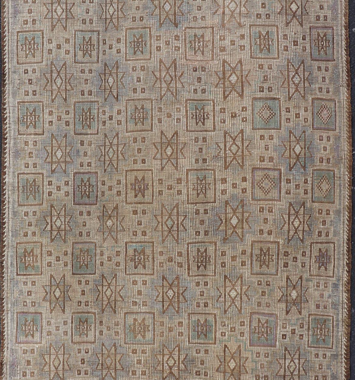 Vintage Turkish Embroidered Kilim in Light Green, Tan, and Hints of Lavender  For Sale 1