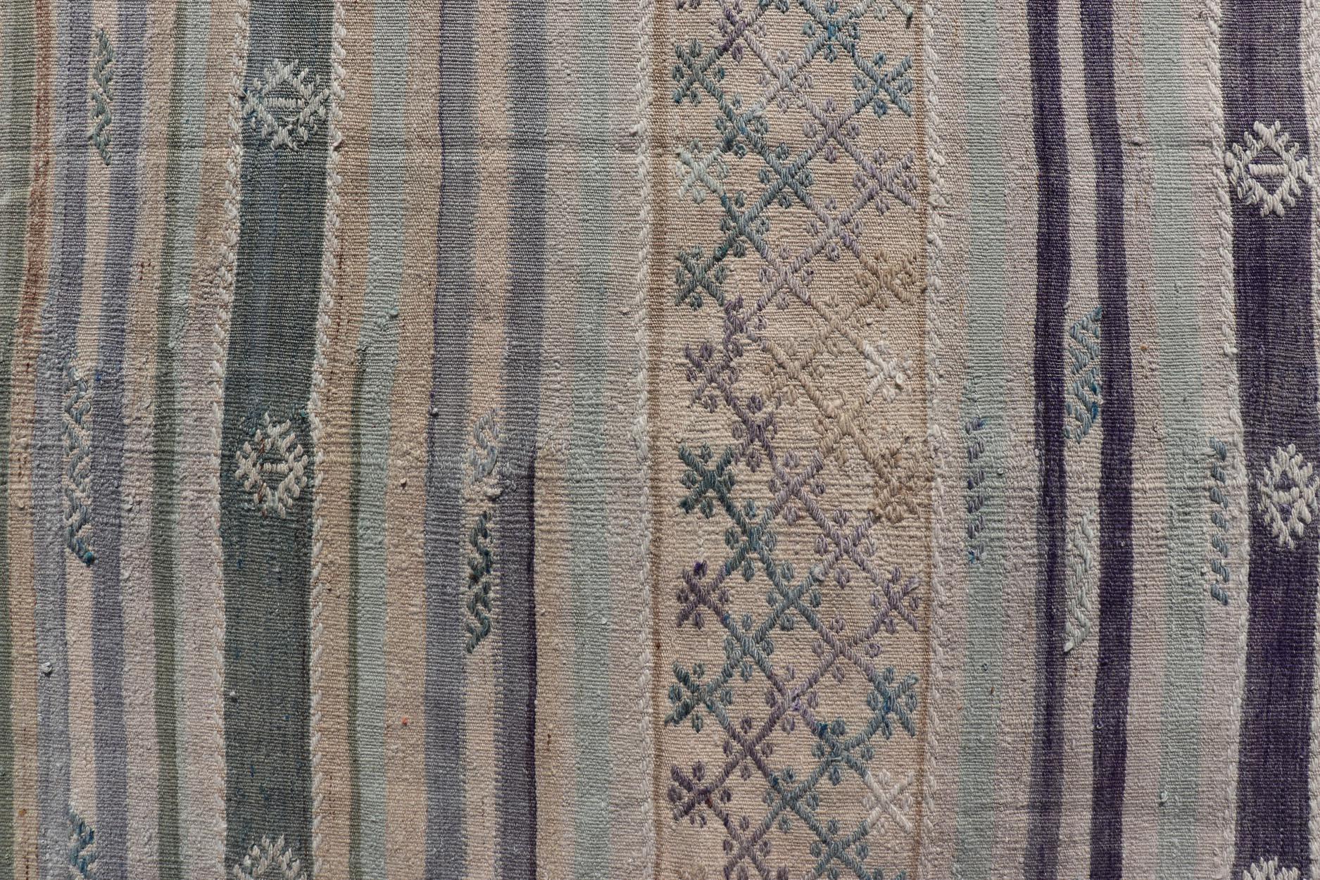 Vintage Turkish Embroidered Kilim in Stripes in Shades of Gray, and Light Green In Good Condition For Sale In Atlanta, GA