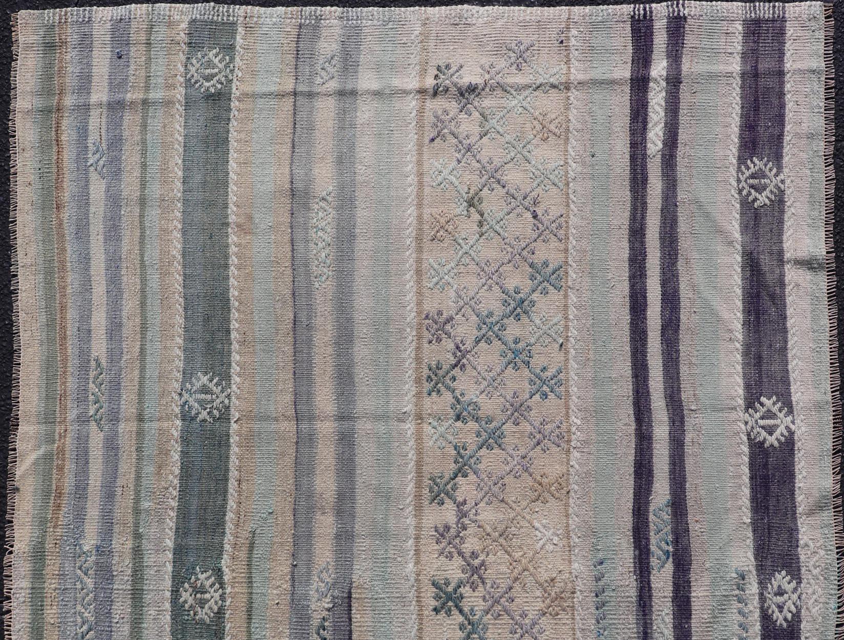 Wool Vintage Turkish Embroidered Kilim in Stripes in Shades of Gray, and Light Green For Sale