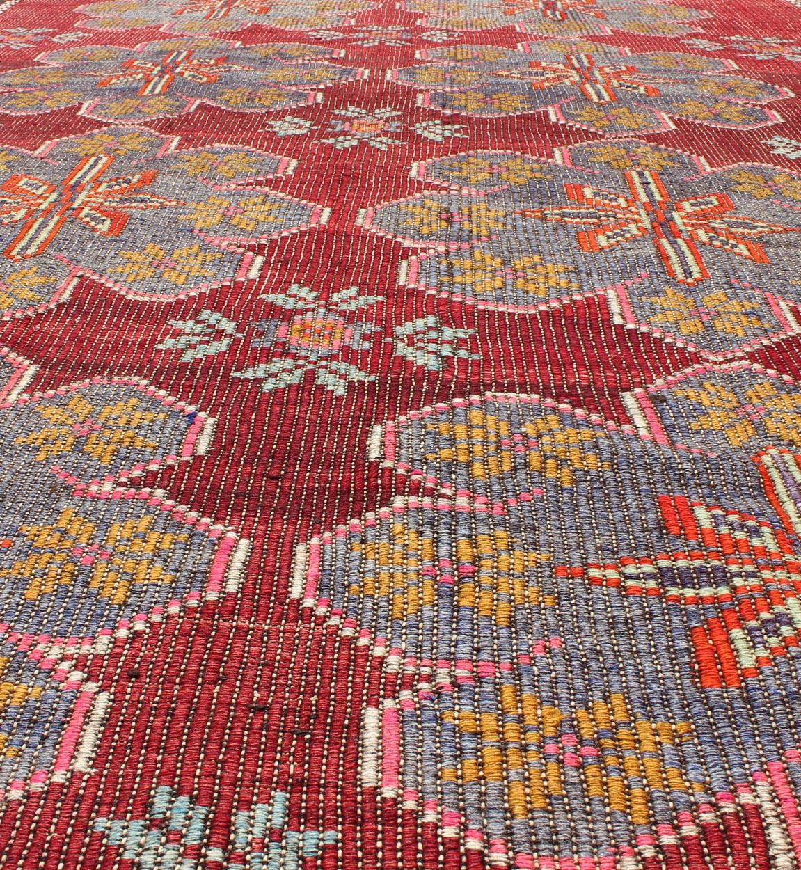 Vintage Turkish Embroidered Kilim Rug in Wine Red, Steel Blue, Pink and Orange  In Excellent Condition In Atlanta, GA