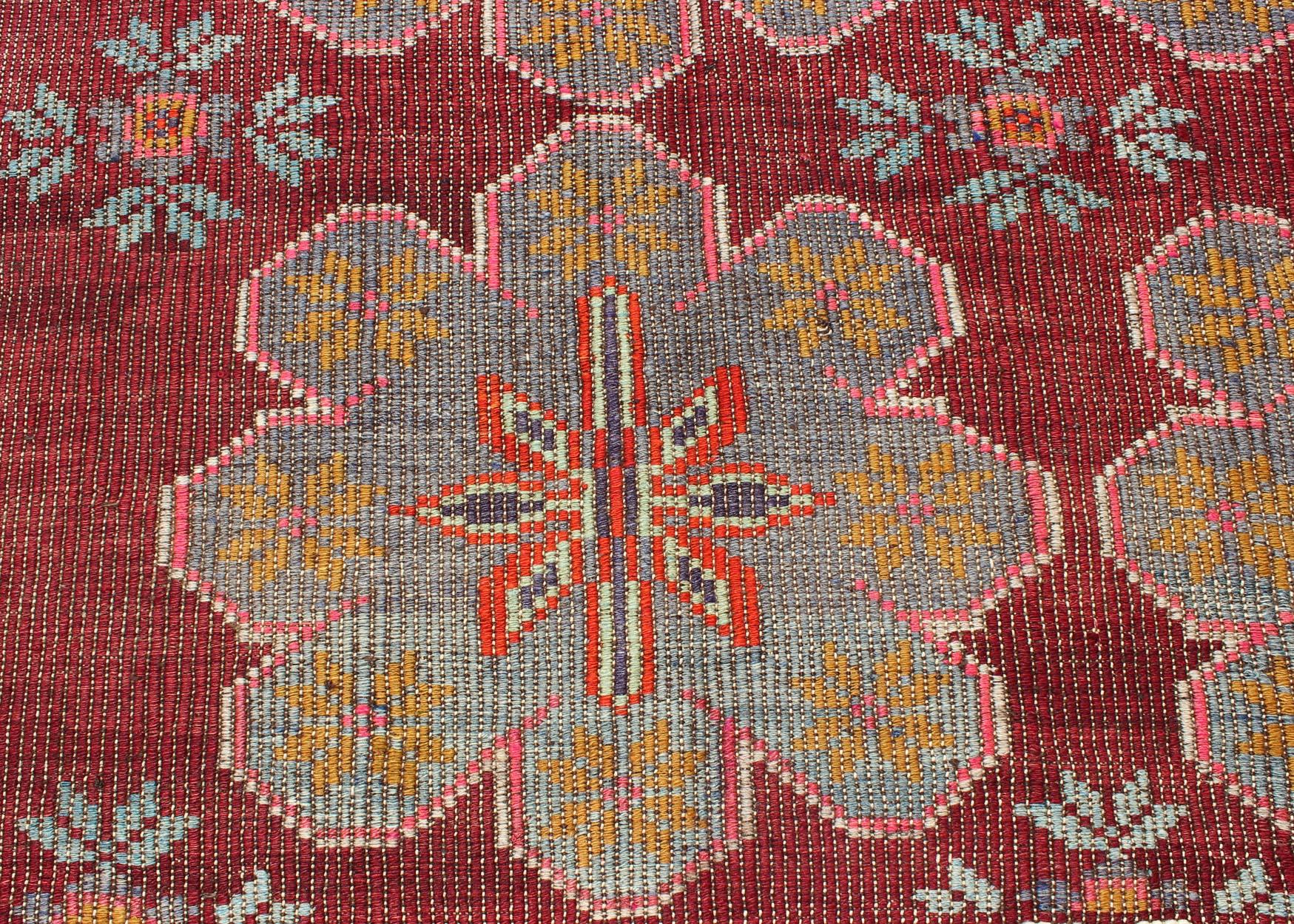 Wool Vintage Turkish Embroidered Kilim Rug in Wine Red, Steel Blue, Pink and Orange 